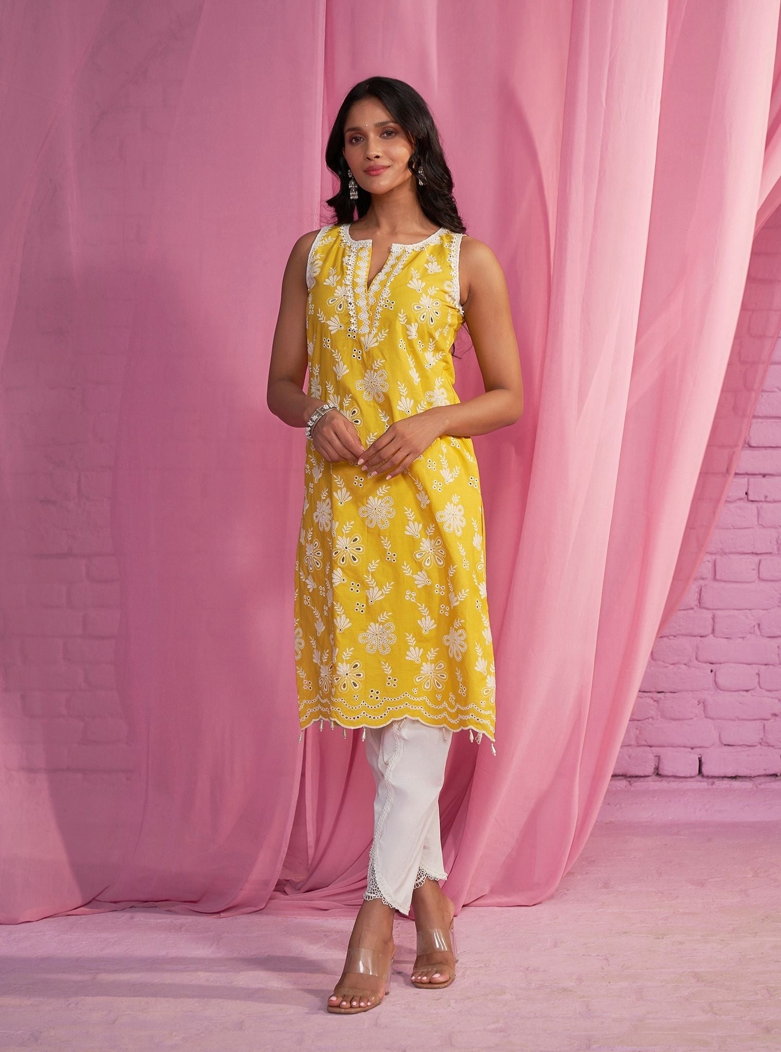 Mulmul Cotton Neel Yellow Kurta With Mulmul Cotton Aashvi White Pant