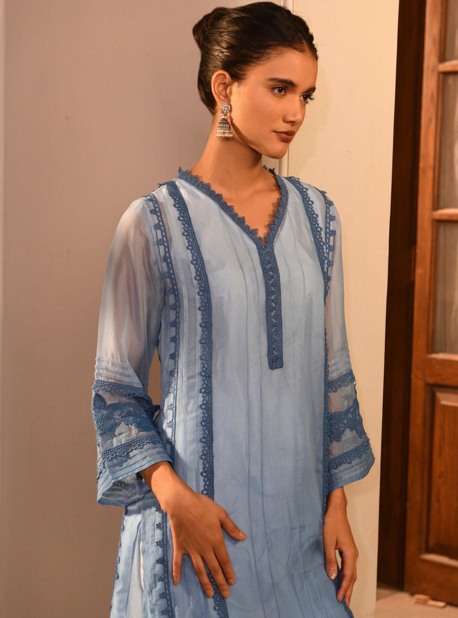 Mulmul Organza Vaya Blue Kurta With Mulmul Cotton Vaya Blue Pant