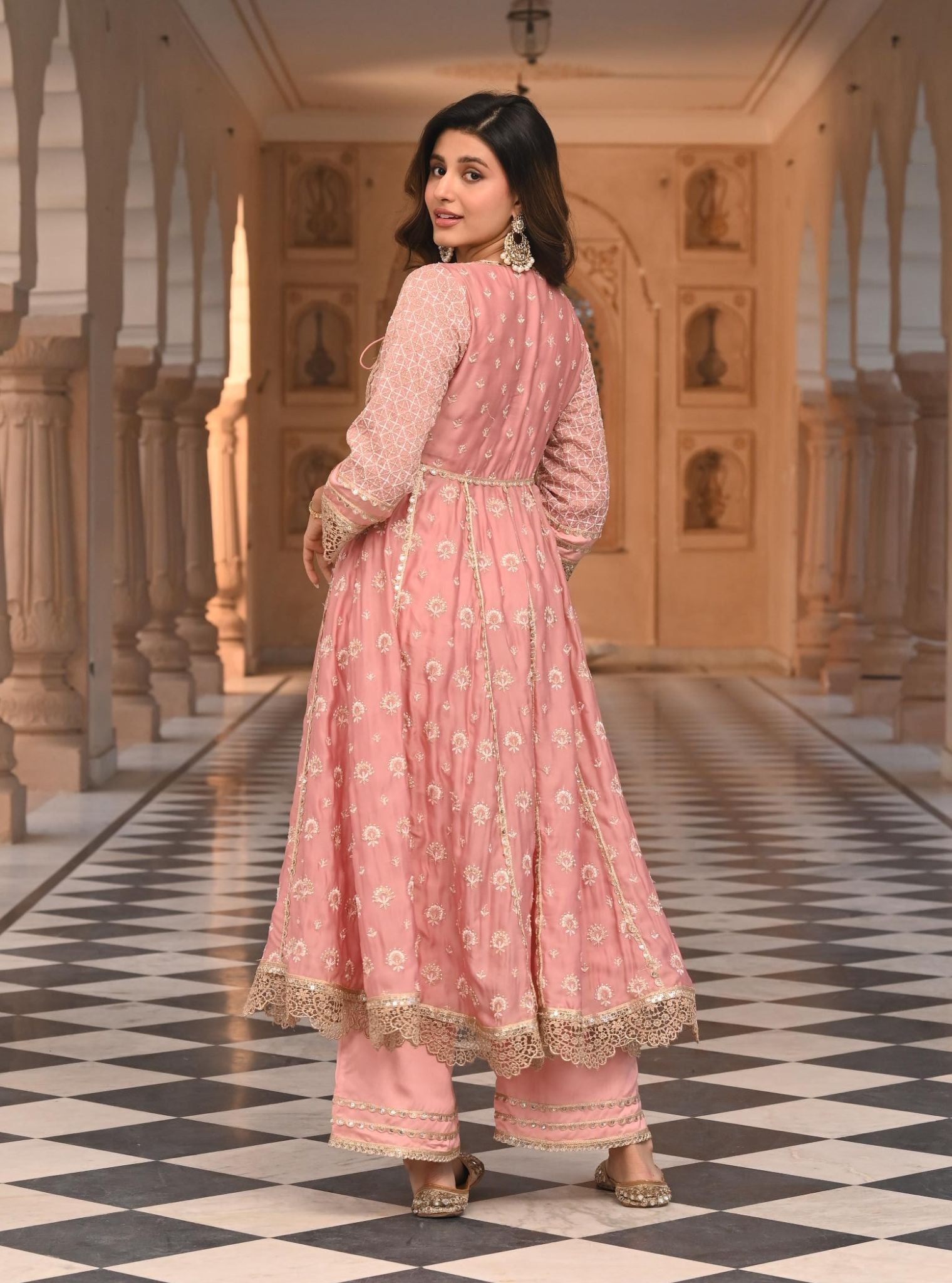 Mulmul Organza Satin Navrai Light Pink Anarkali Kurta with Mulmul Luxe Satin Navrai Light Pink Pant