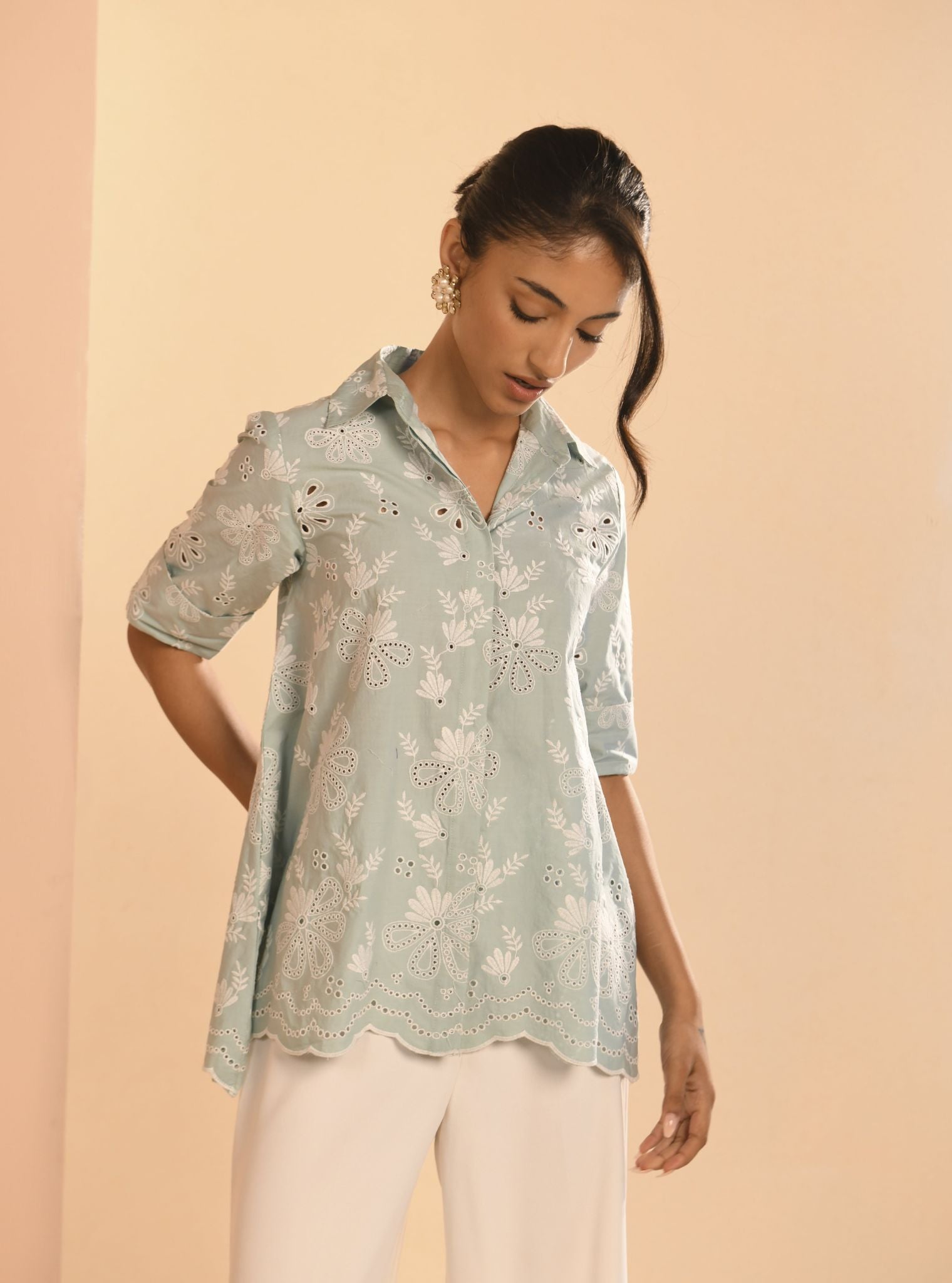 Mulmul Cotton Chiara Teal Blue Shirt