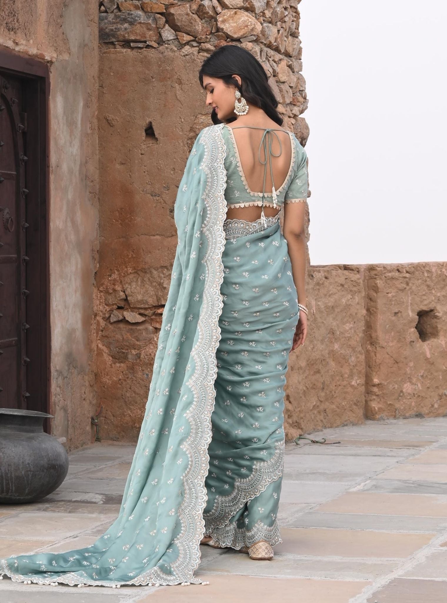 Mulmul Organza Satin Bindiya Teal Blue Saree