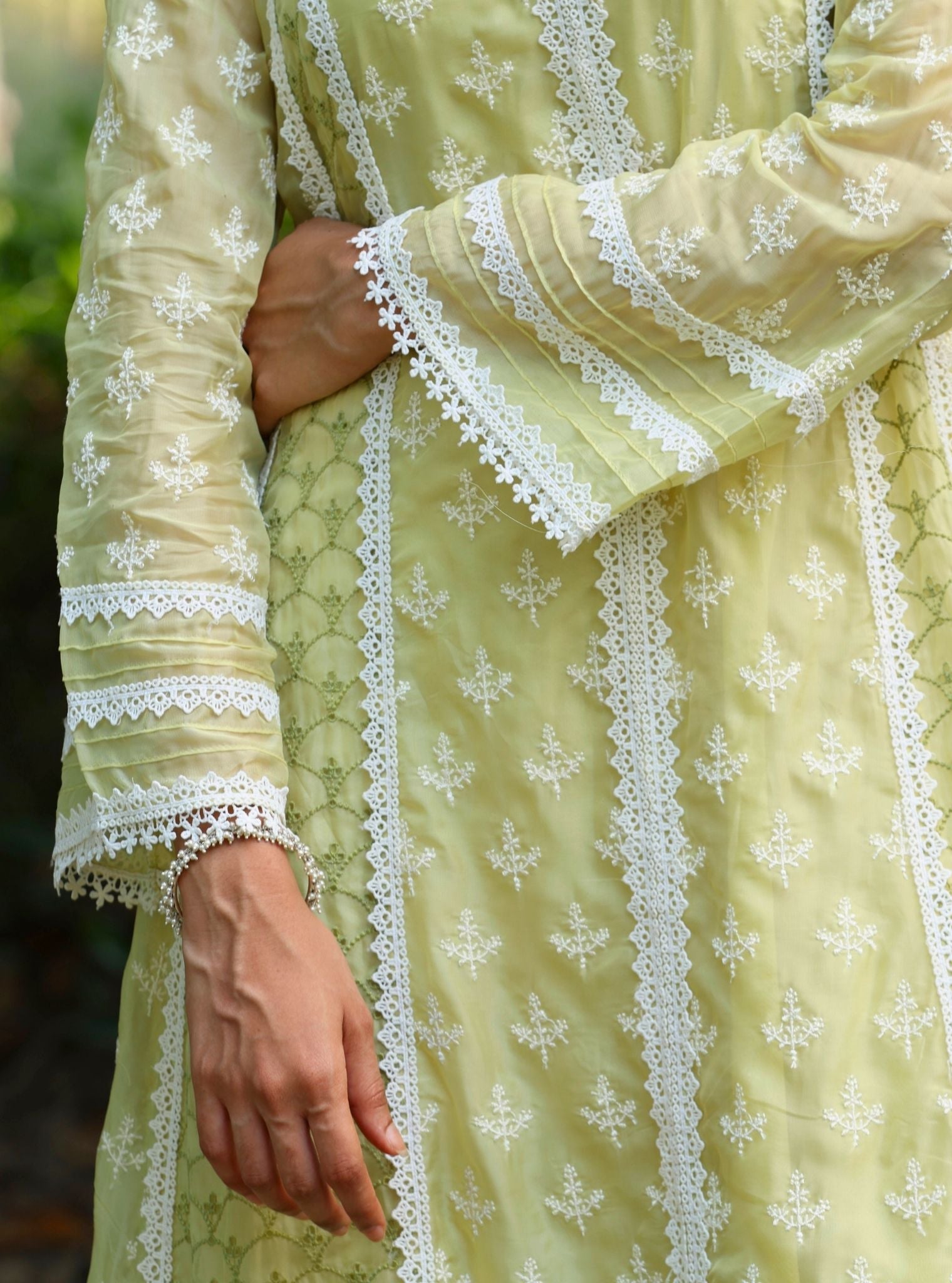 Mulmul Organza Maheen Lime Anarkali Kurta With Mulmul Cotton Maheen Lime Pant