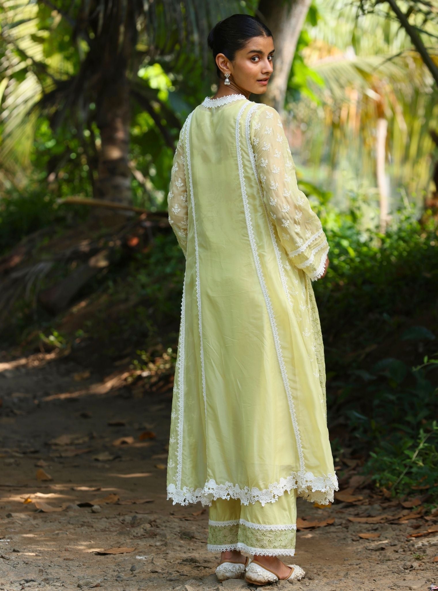 Mulmul Organza Maheen Lime Anarkali Kurta With Mulmul Cotton Maheen Lime Pant