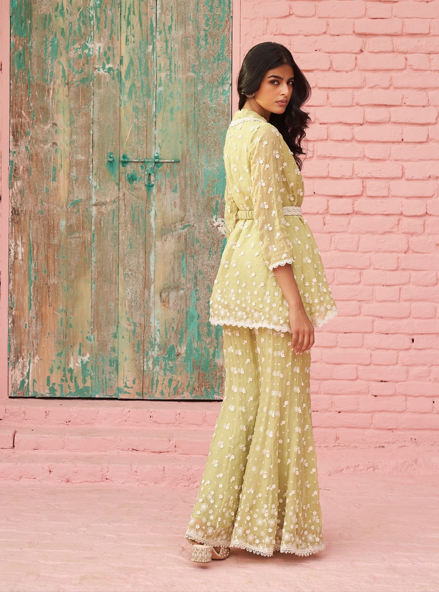 Mulmul Organza Tilly Lime Green Top With Mulmul Organza Tilly Lime Green Sharara