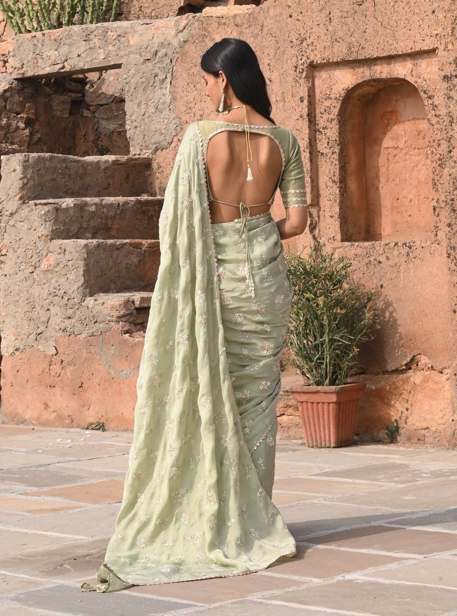 Mulmul Organza Satin Mitwa Sage Green Saree