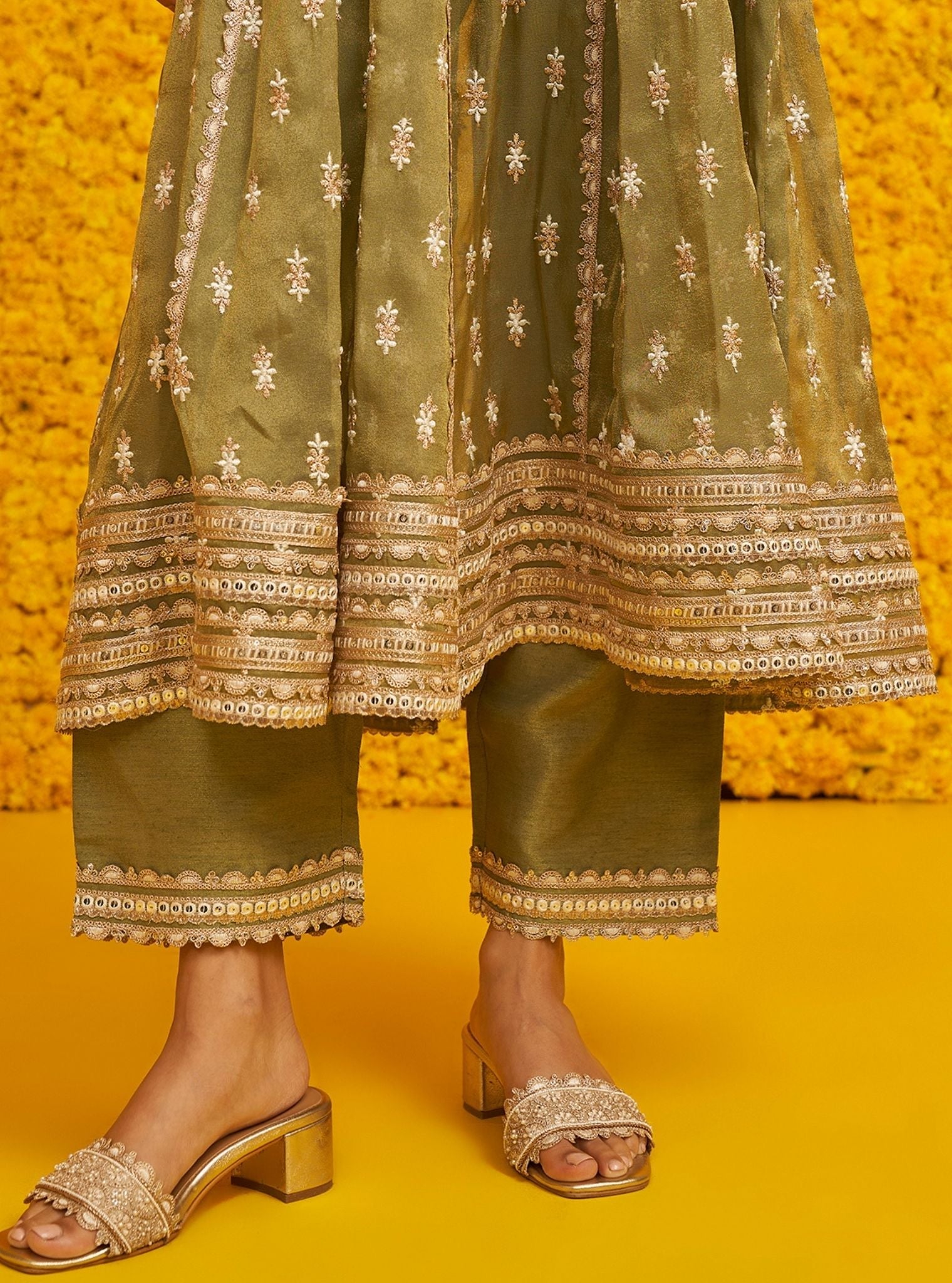 Mulmul Royal Tissue Genda Sage Green Anarkali Kurta With Mulmul Luxe Tissue Genda Sage Green Pant