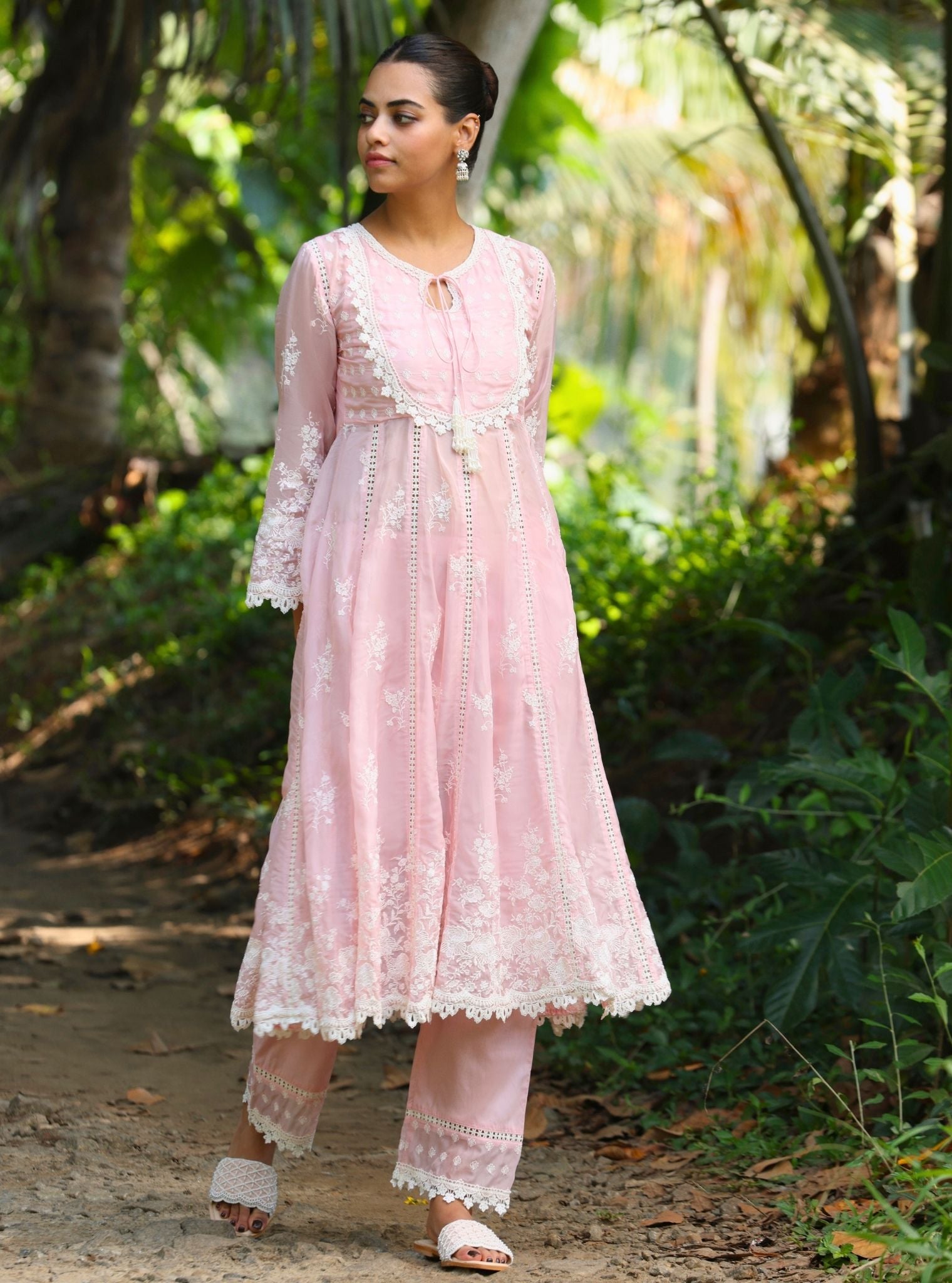 Mulmul Organza Neesa Pink Anarkali Kurta With Mulmul Cotton Neesa Pink Pant