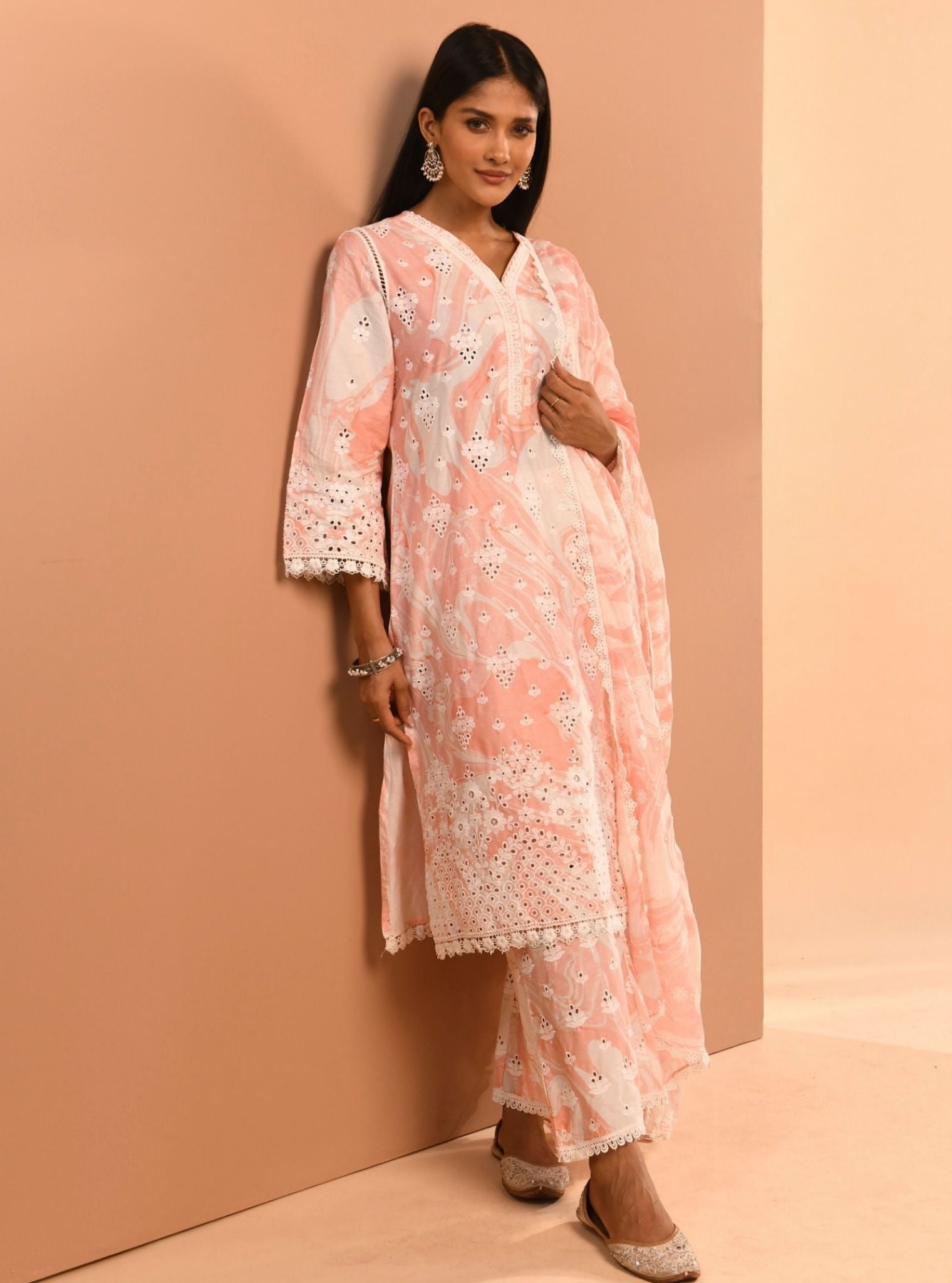 Mulmul Cotton Marble Opal Pink Kurta With Mulmul Opal Pink Pant