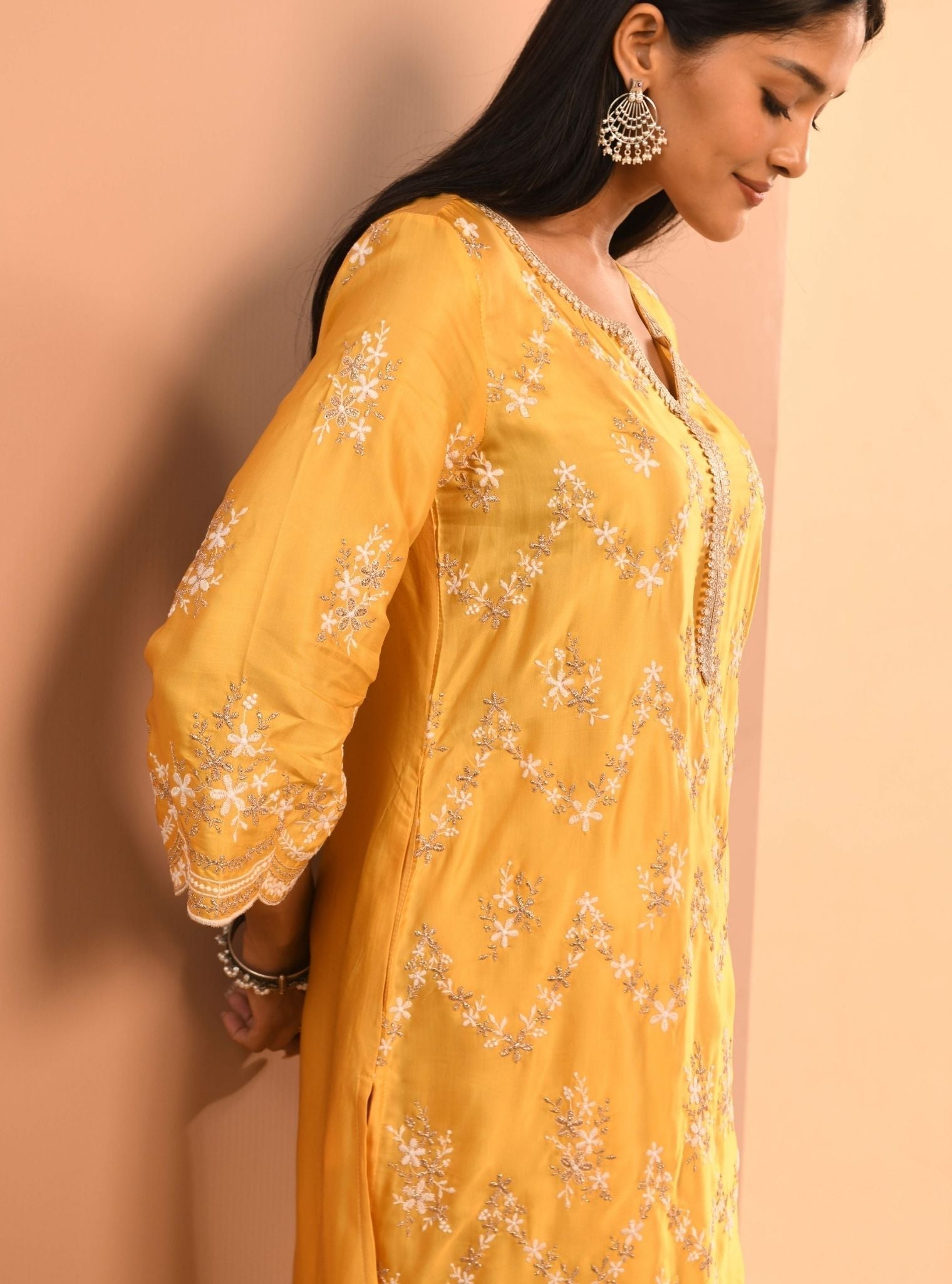 Mulmul Cupro Valaya Yellow Kurta With Mulmul Cupro Valaya Yellow Pant