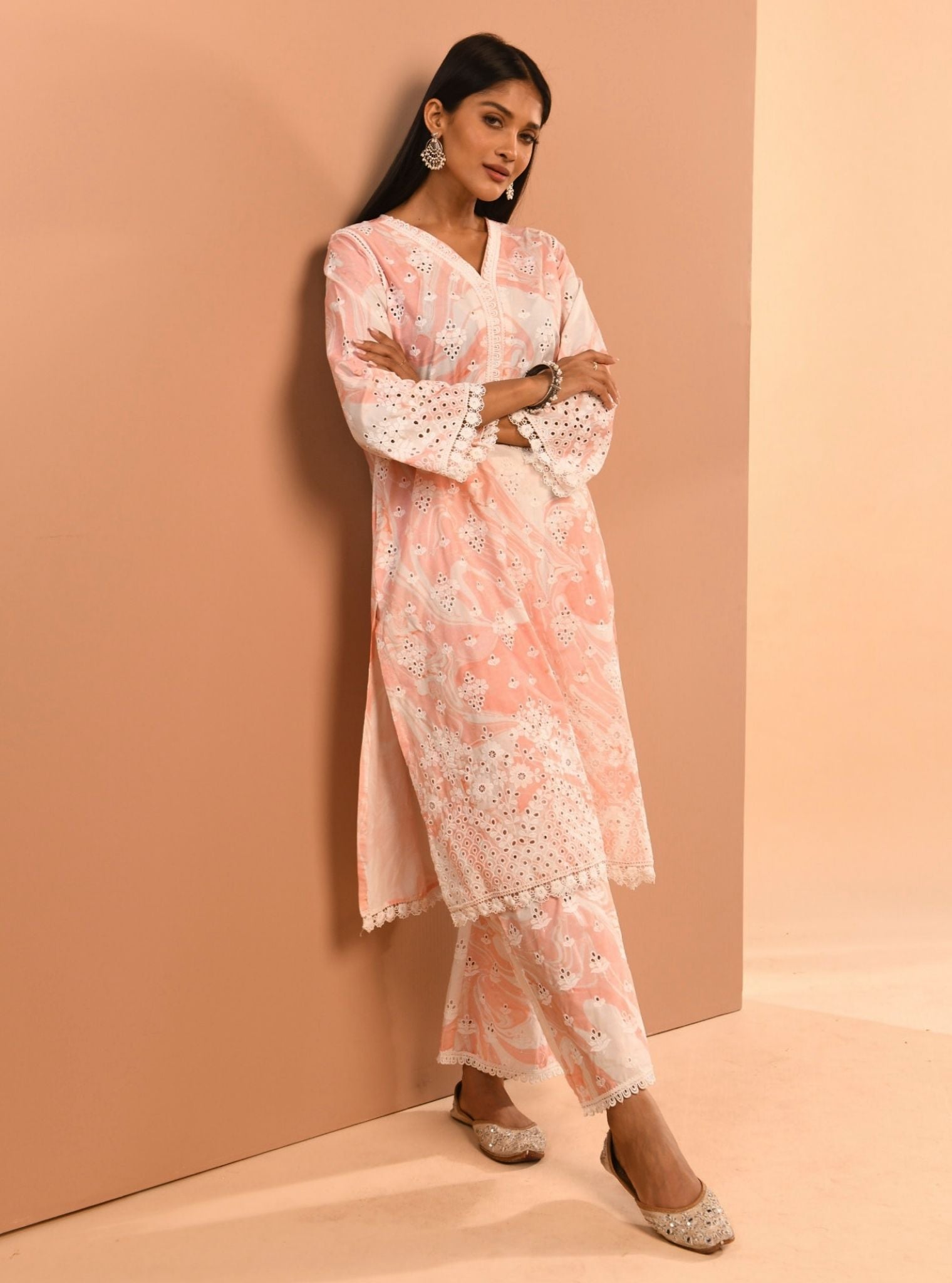 Mulmul Cotton Marble Opal Pink Kurta With Mulmul Opal Pink Pant