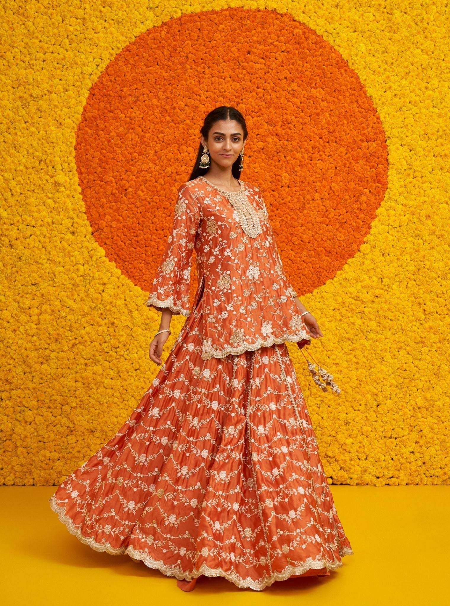 Mulmul Organza Satin Fitoor Burnt Orange Kurta With Mulmul Organza Satin Fitoor Burnt Orange Lehenga