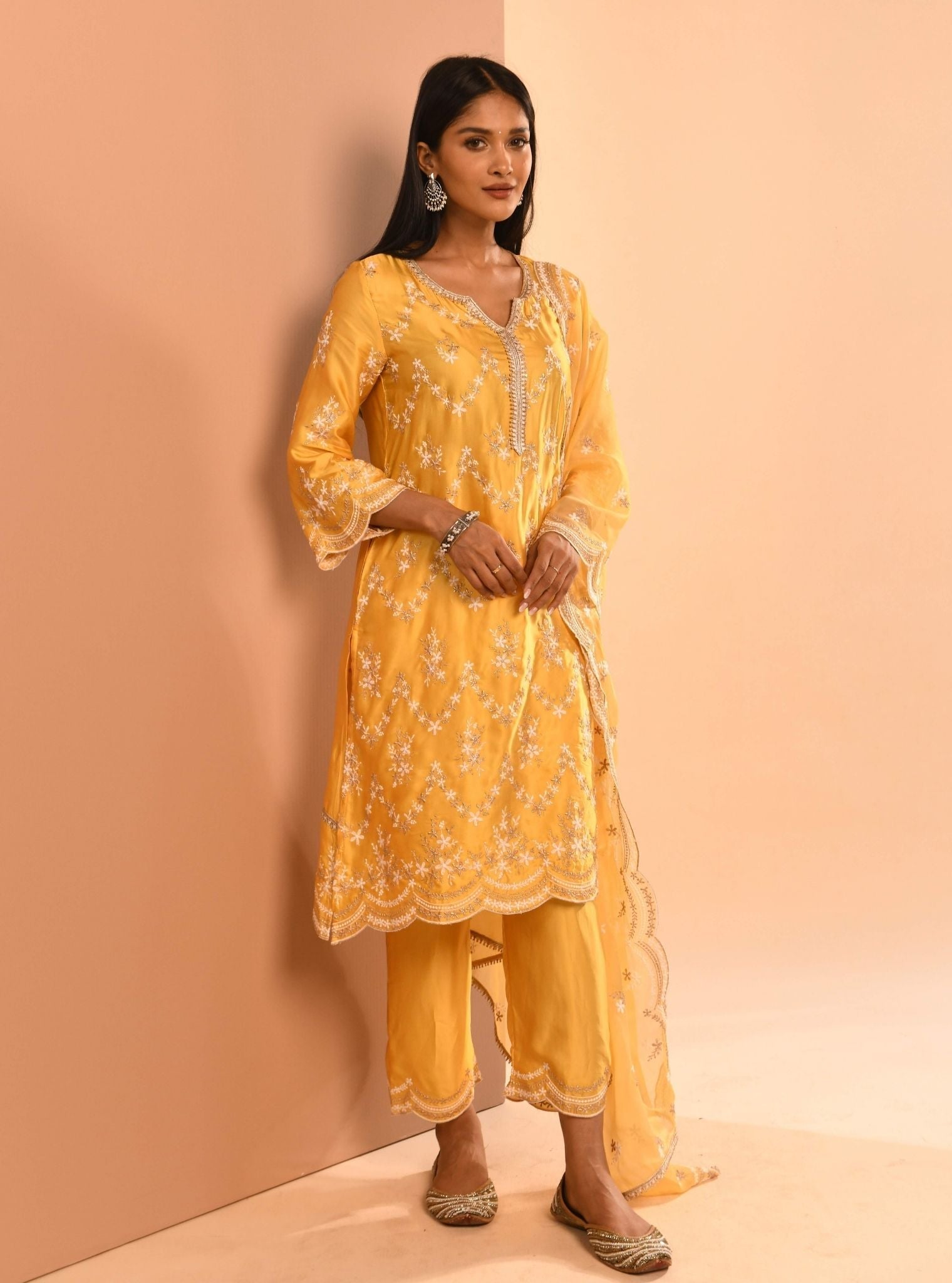 Mulmul Cupro Valaya Yellow Kurta With Mulmul Cupro Valaya Yellow Pant