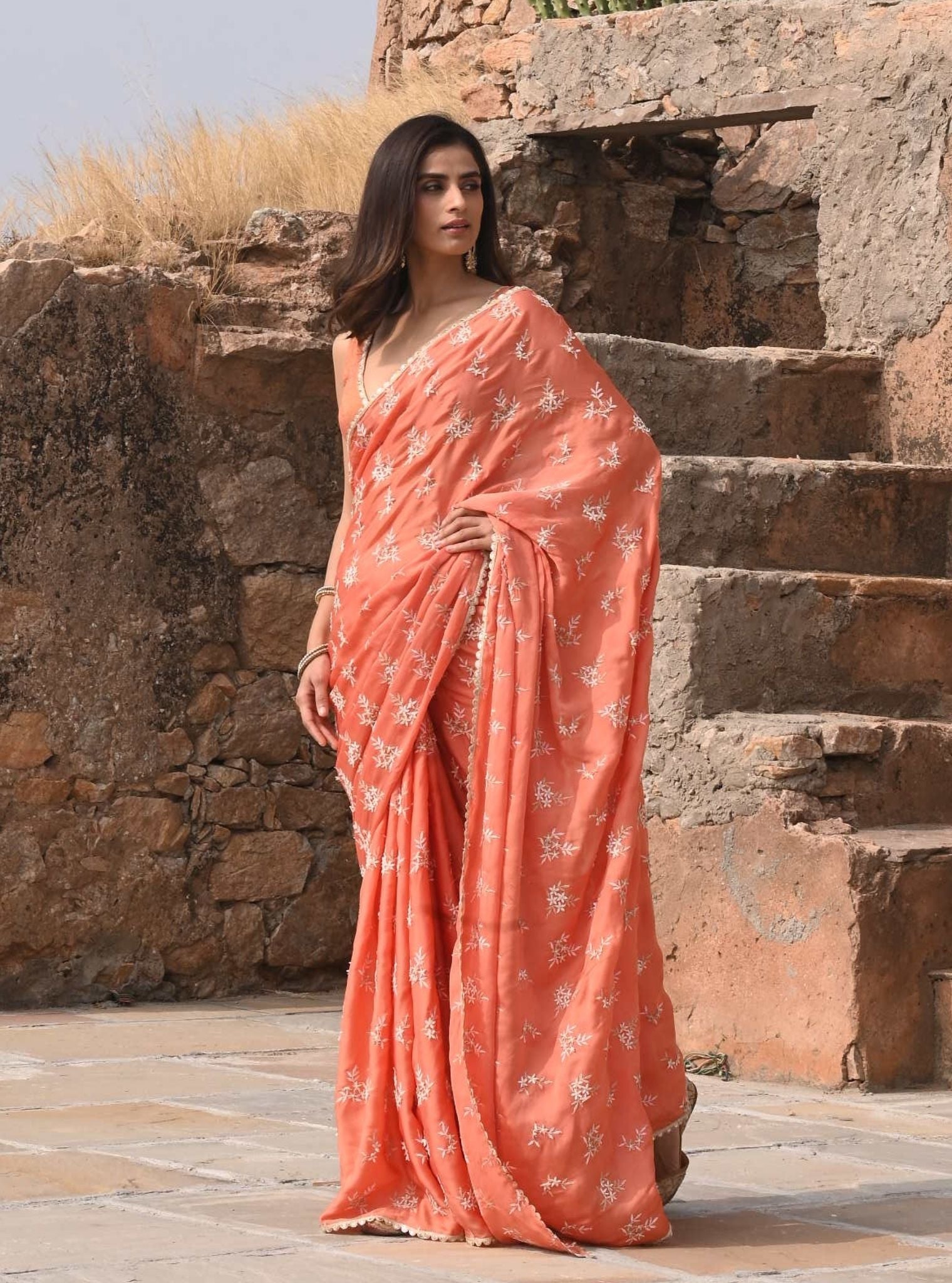 Mulmul Organza Satin Mitwa Burnt Orange Saree