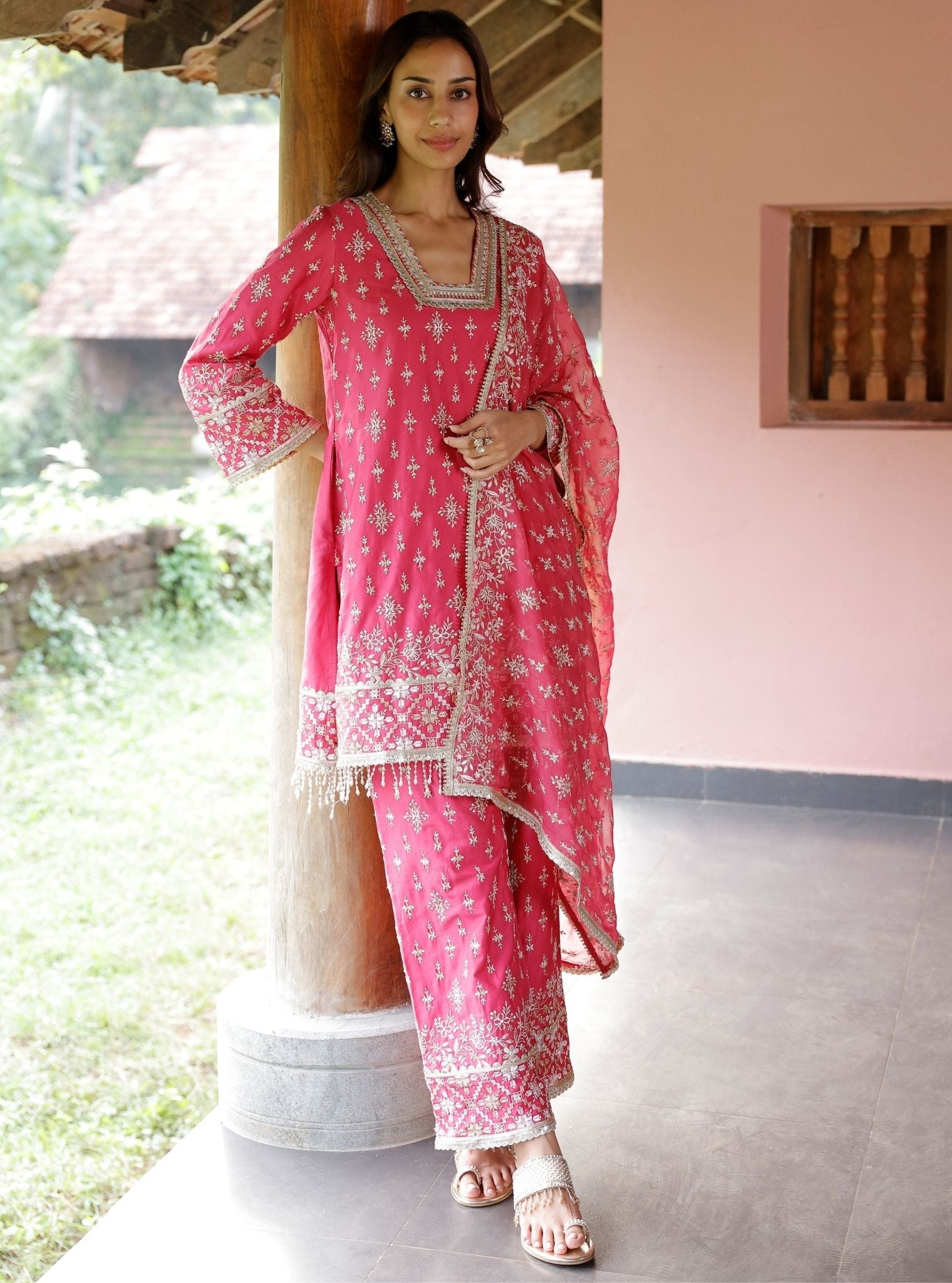 Mulmul Pima Satin Kalander Fuschia Kurta With Mulmul Pima Satin Kalander Fuschia Pant