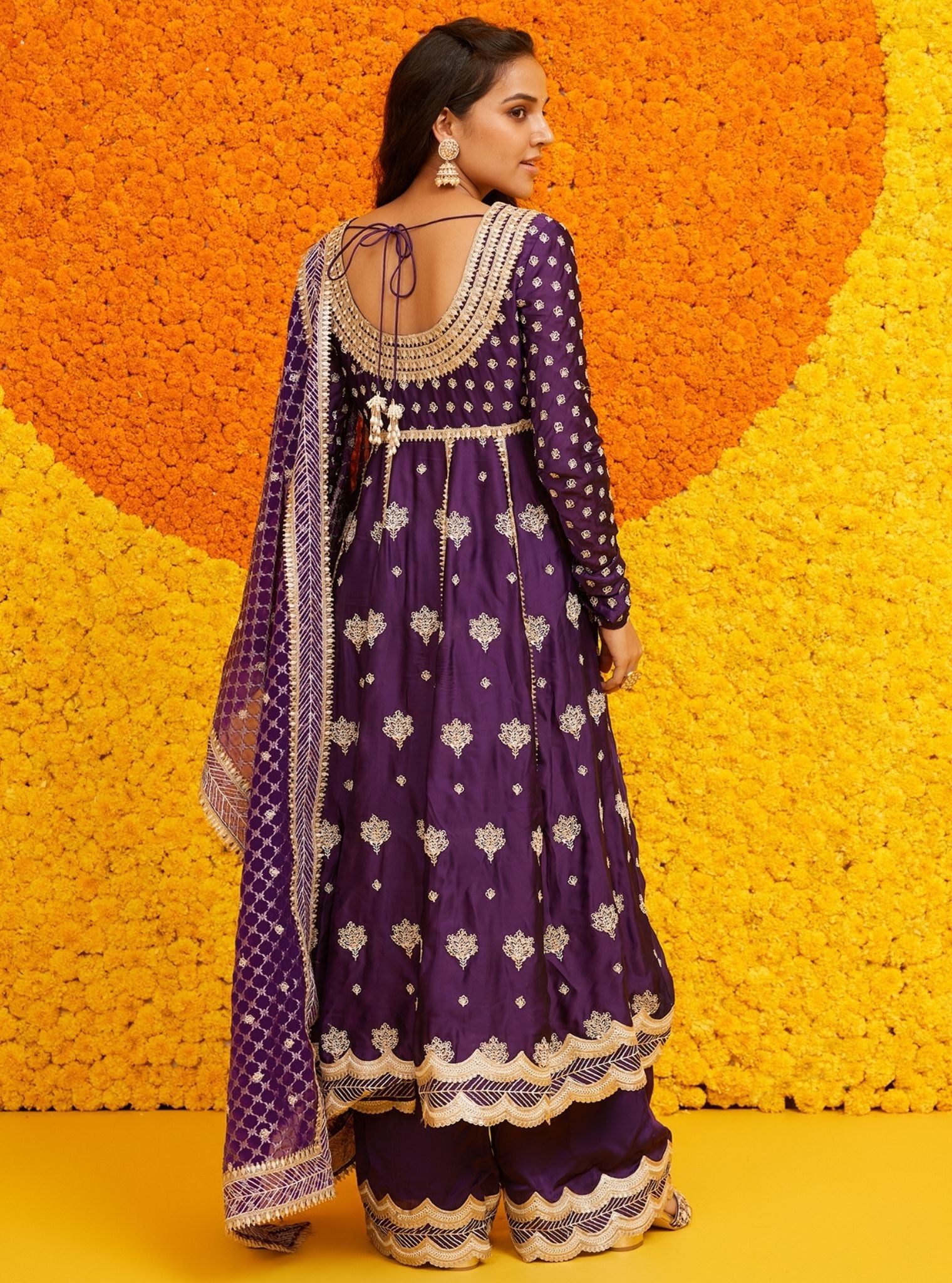 Mulmul Organza Satin Palki Purple Kurta With Mulmul Organza Satin Palki Purple Pant