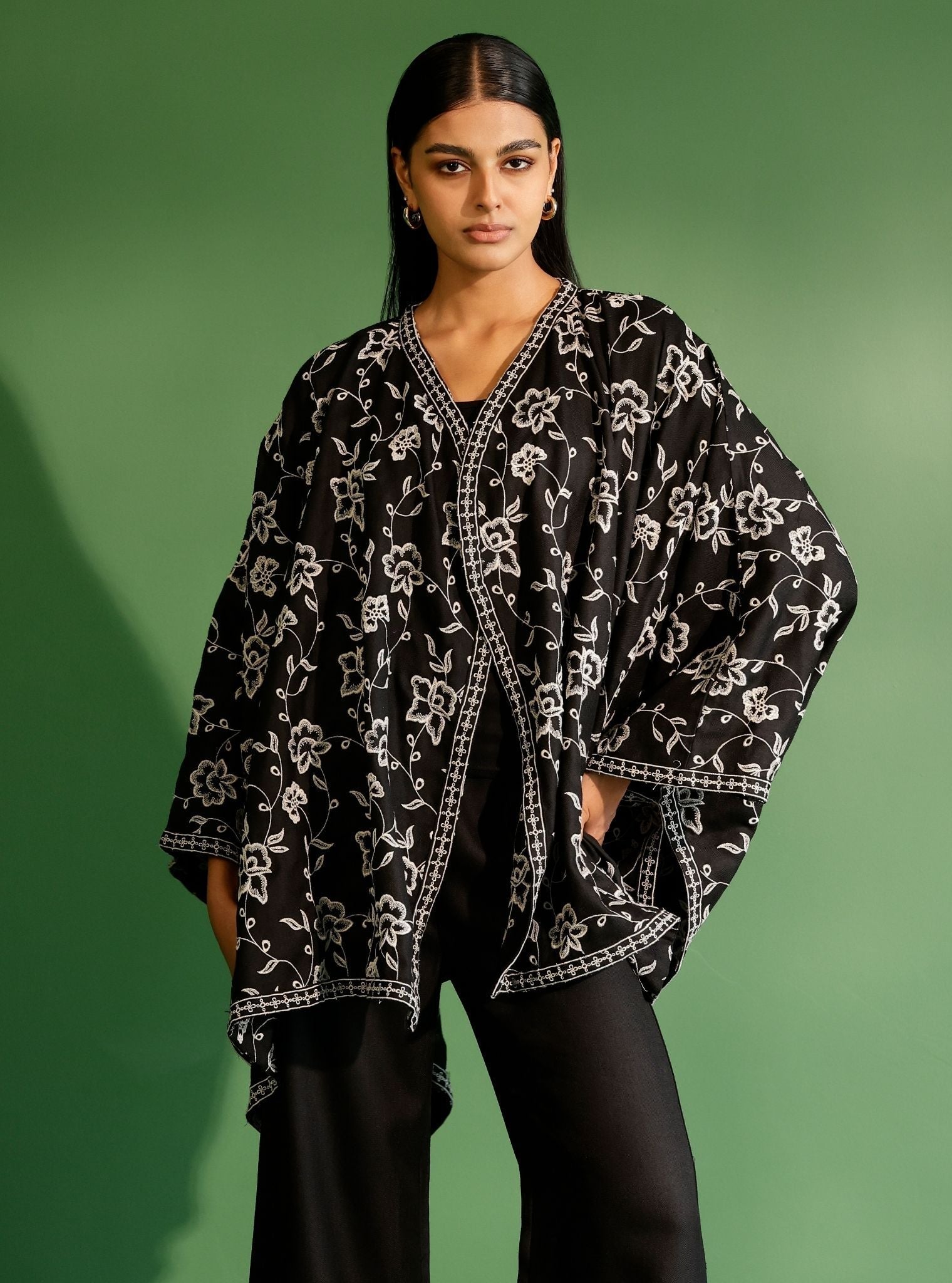 Mulmul Wool Fawn Black kaftan with Wool Fawn Black Pant