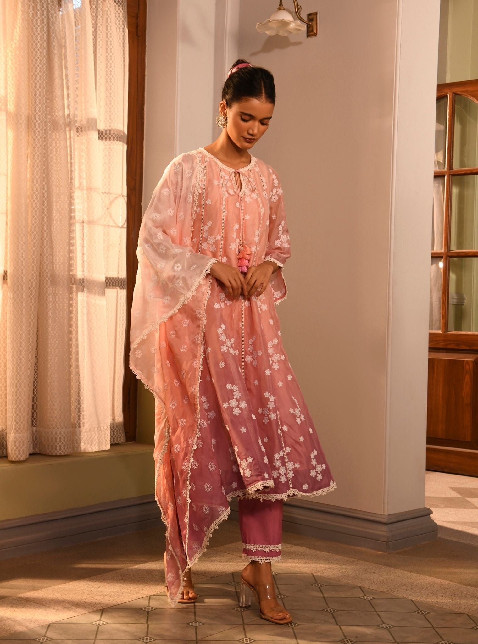 Mulmul Organza Aira Pink Anarkali  Kurta With Mulmul Cotton Aira Pink Pant