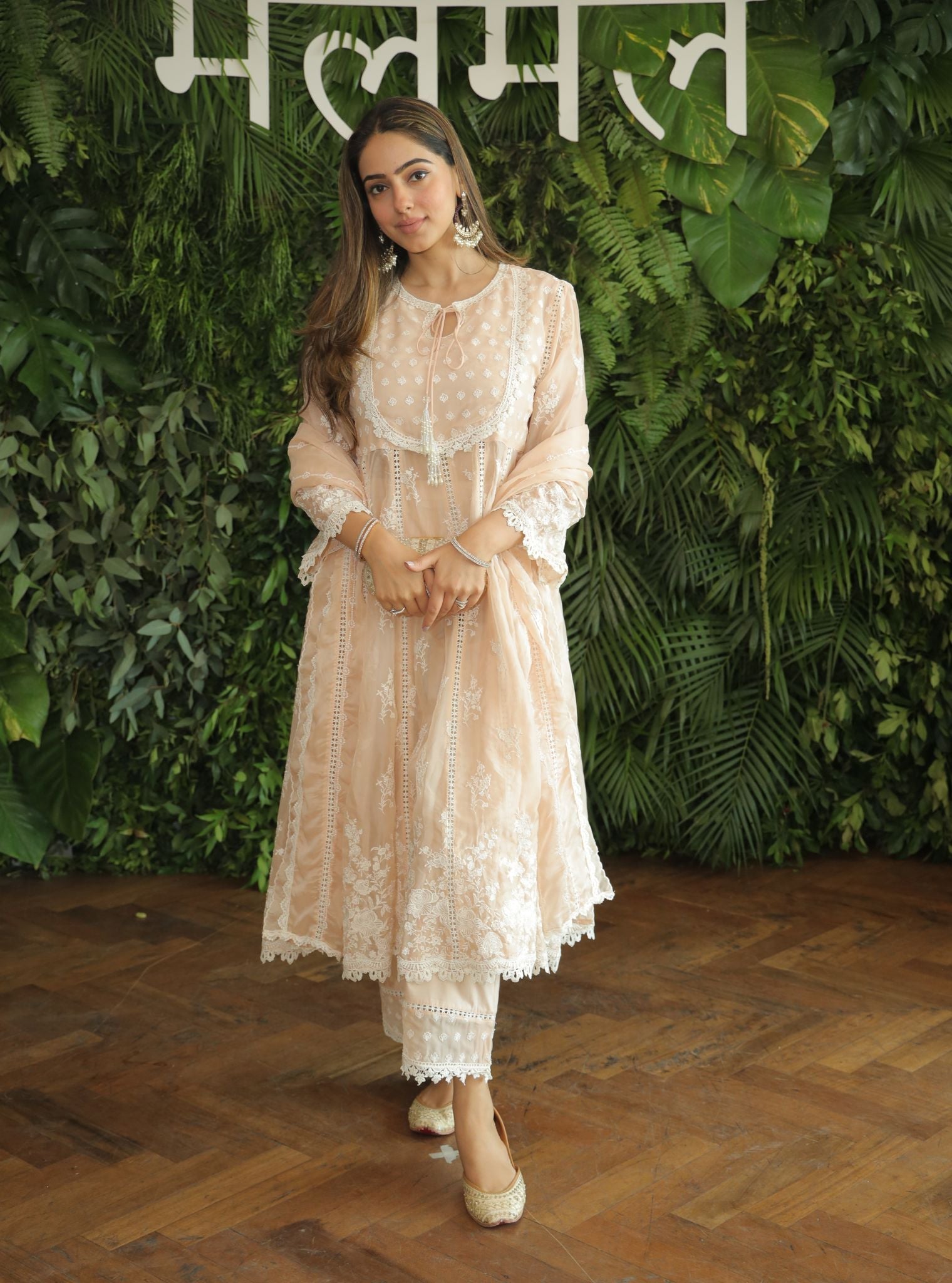 Mulmul Organza Neesa Beige Anarkali Kurta With Mulmul Cotton Neesa Beige Pant