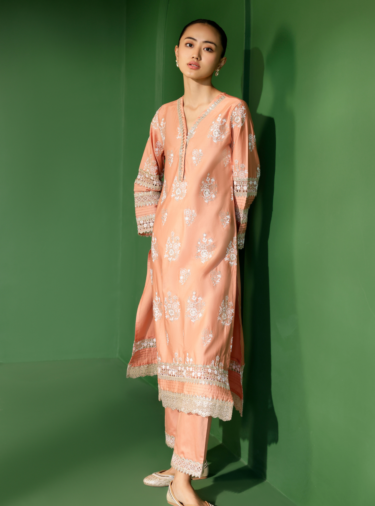 Mulmul Pima Satin Nalin Peach Kurta With Mulmul Pima Satin Nalin Peach Pant