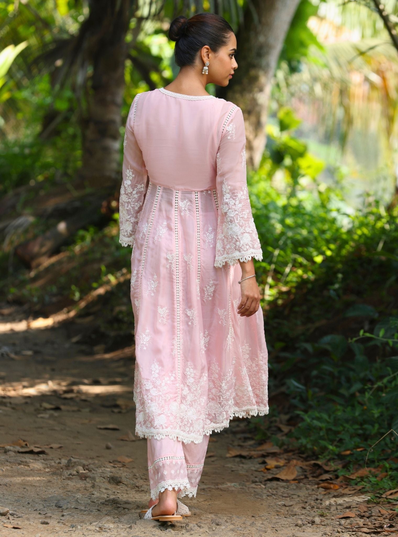 Mulmul Organza Neesa Pink Anarkali Kurta With Mulmul Cotton Neesa Pink Pant