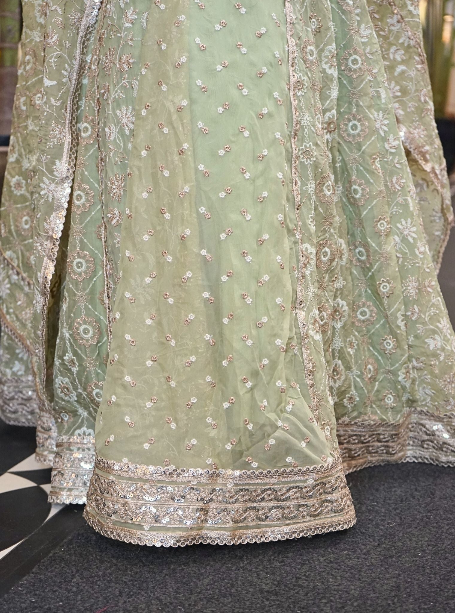 Mulmul Organza Blanca Green Lehenga