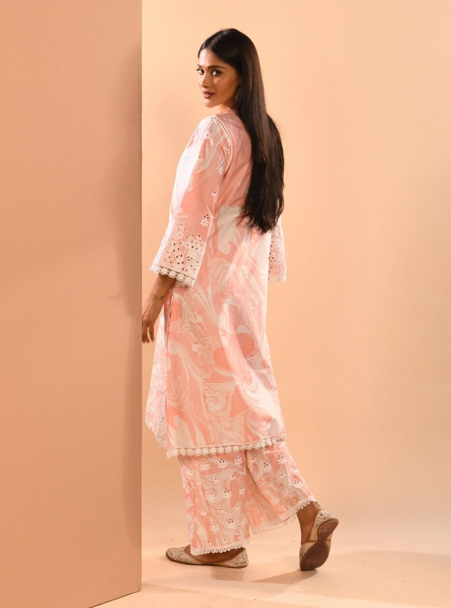 Mulmul Cotton Marble Opal Pink Kurta With Mulmul Opal Pink Pant