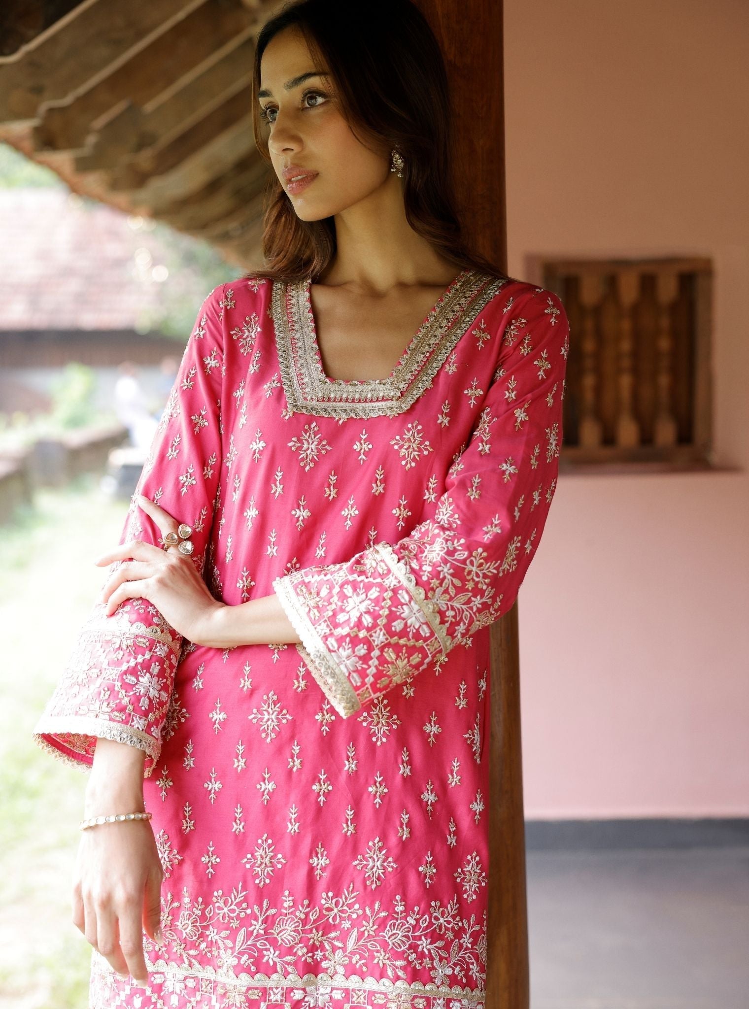 Mulmul Pima Satin Kalander Fuchsia Kurta With Mulmul Pima Satin Kalander Fuchsia Pant