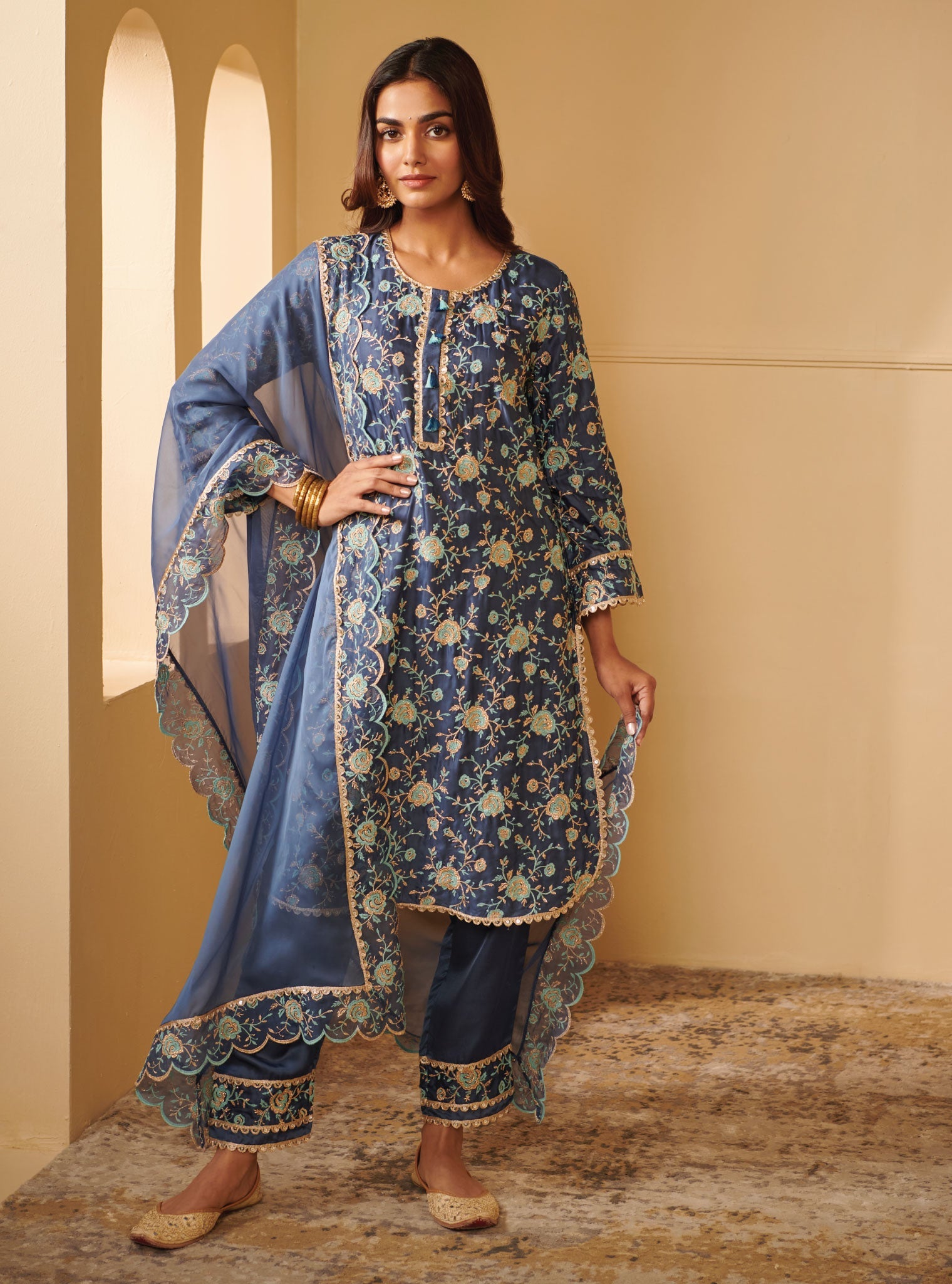 Mulmul Cupro Silk Apti Blue Kurta With Apti Blue Pant