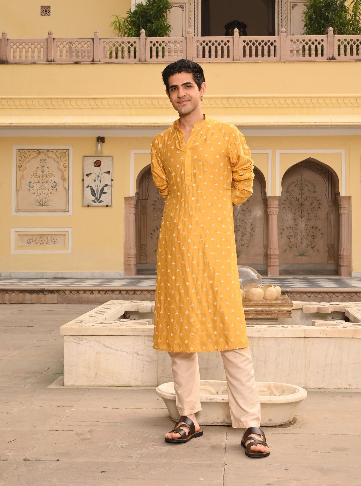 Mulmul Luxe Satin Rooh Yellow Men Kurta with Mulmul Pima Satin Shava Off White Pyajama