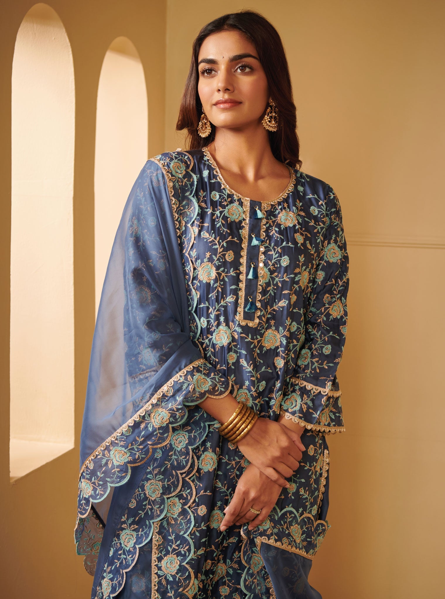 Mulmul Cupro Silk Apti Blue Kurta With Apti Blue Pant