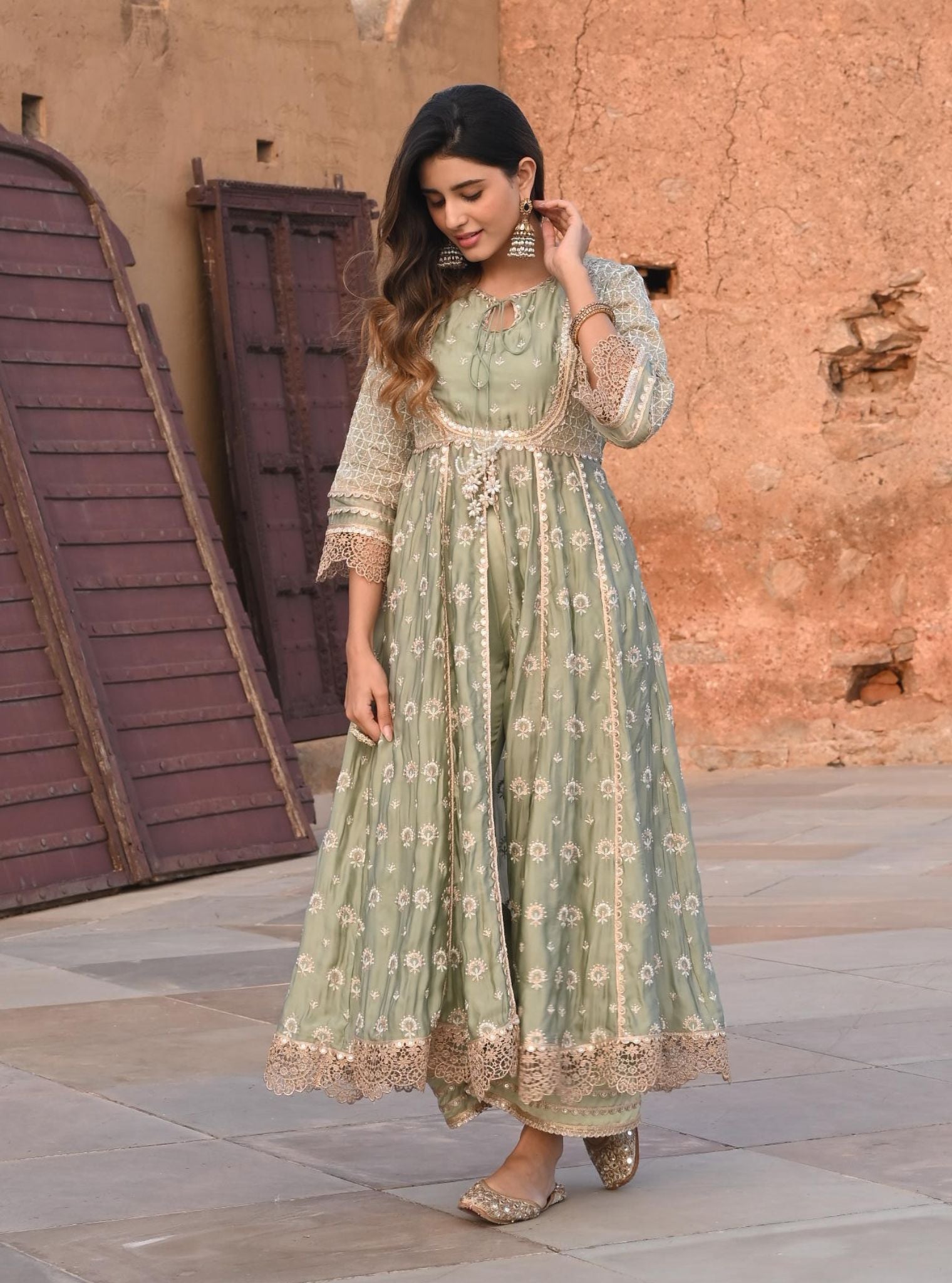 Mulmul Organza Satin Navrai Sage Green Anarkali Kurta with Mulmul Modal Satin Navrai Sage Green Pant