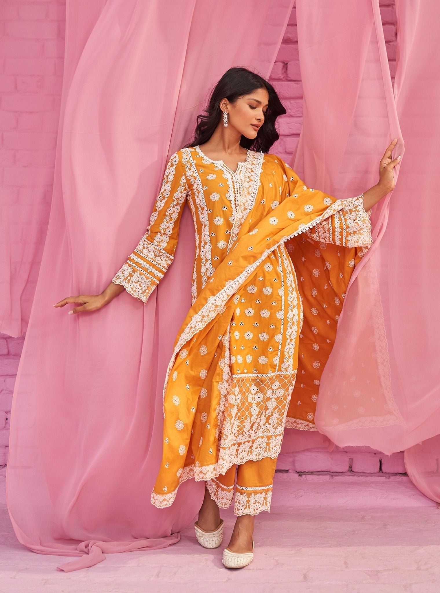 Mulmul Cotton Tamaya Orange Kurta With Mulmul Cotton Tamaya Orange Pant