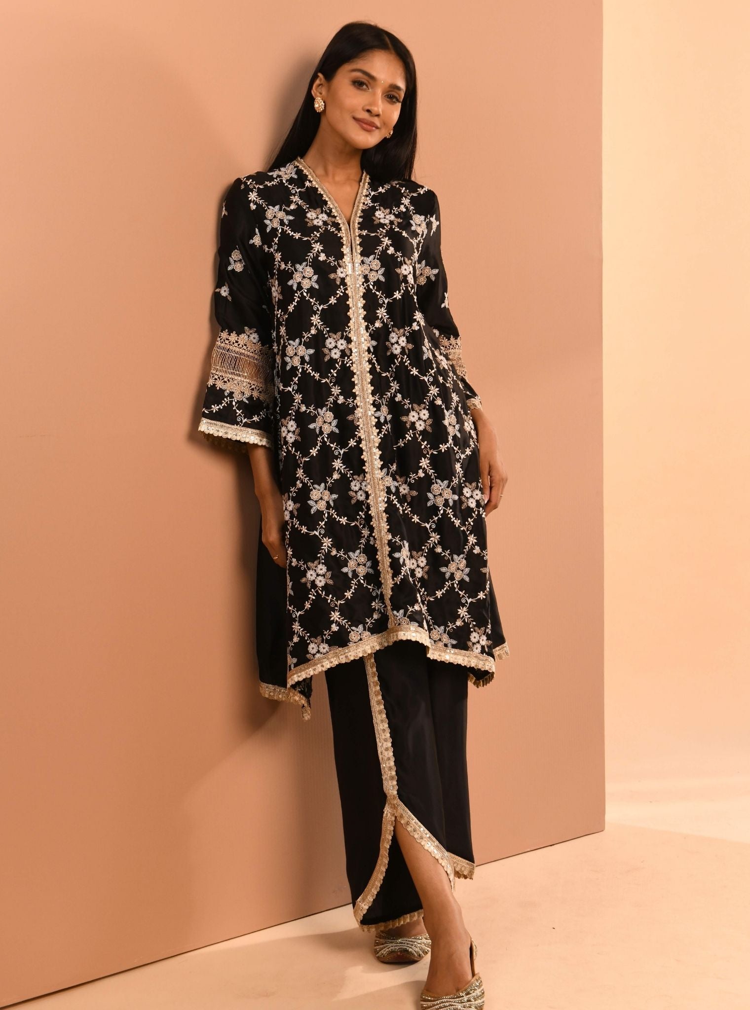 Mulmul Cupro Dvija Black Kurta With Mulmul Cupro Dvija Black Pant