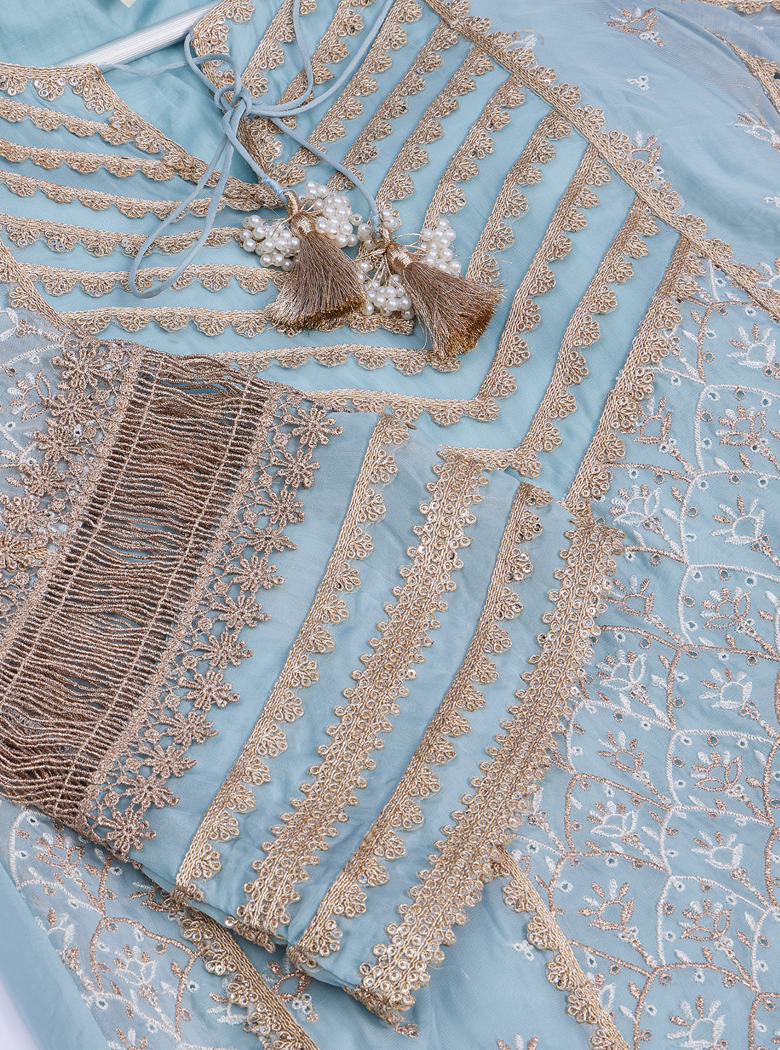 Mulmul Organza Vipas Blue Kurta with Mulmul Pima Vipas Blue Salwar