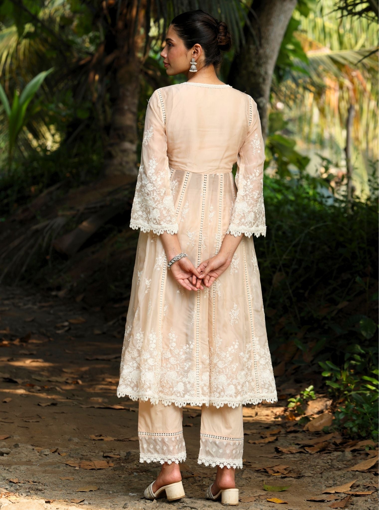 Mulmul Organza Neesa Beige Anarkali Kurta With Mulmul Cotton Neesa Beige Pant