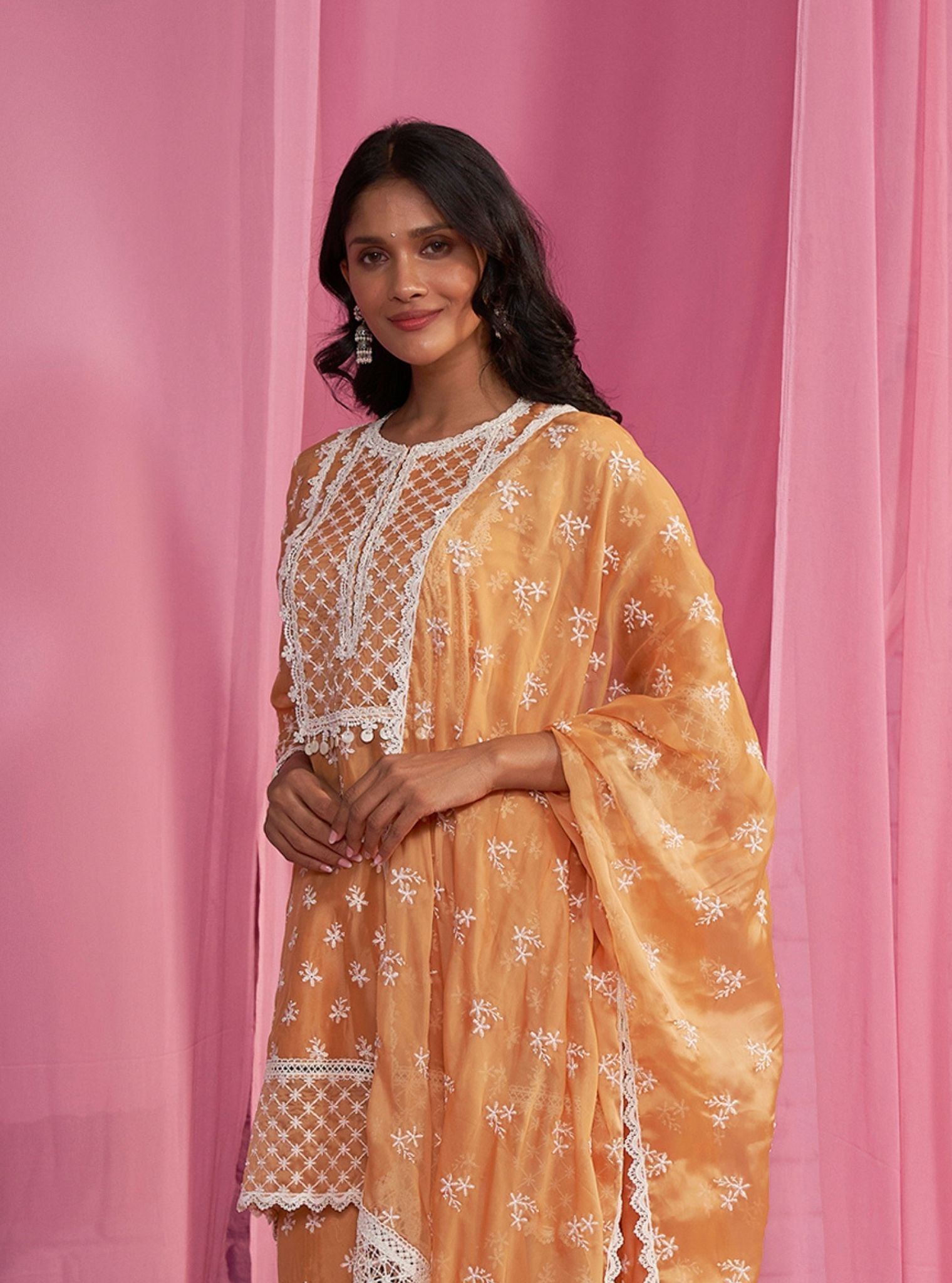 Mulmul Organza Raaga Orange Kurta With Mulmul Organza Raaga Orange Pant