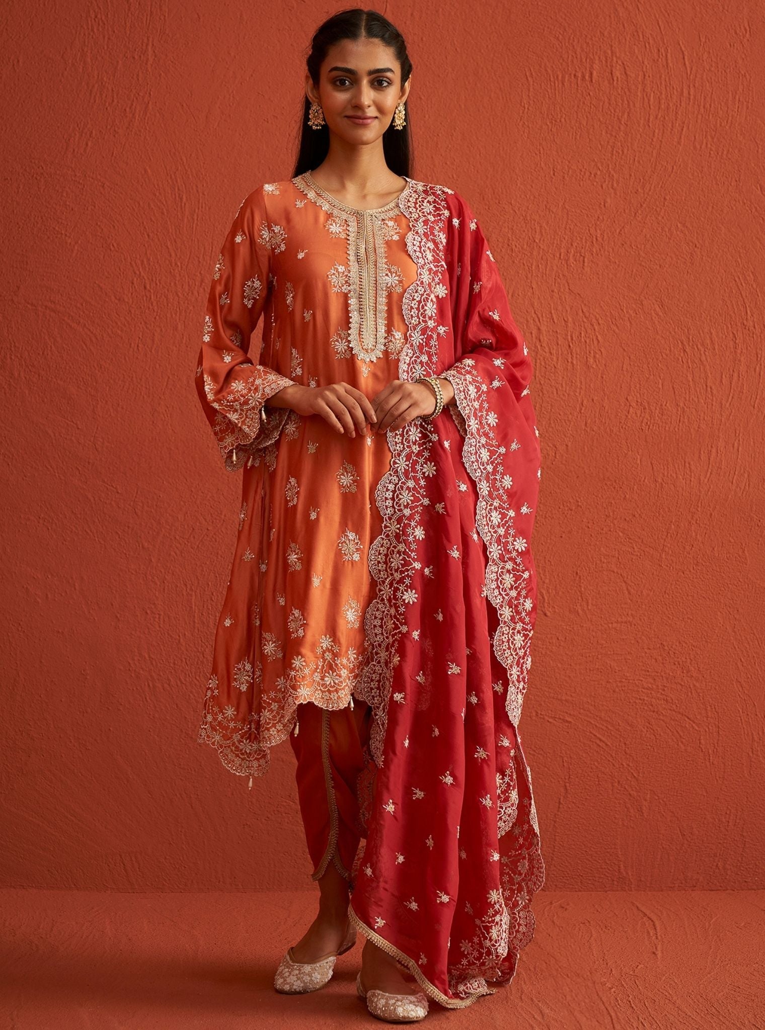 Mulmul Cupro Satin Kangna Burnt Orange Kurta With Mulmul Cupro Satin Kangna Burnt Orange Pant