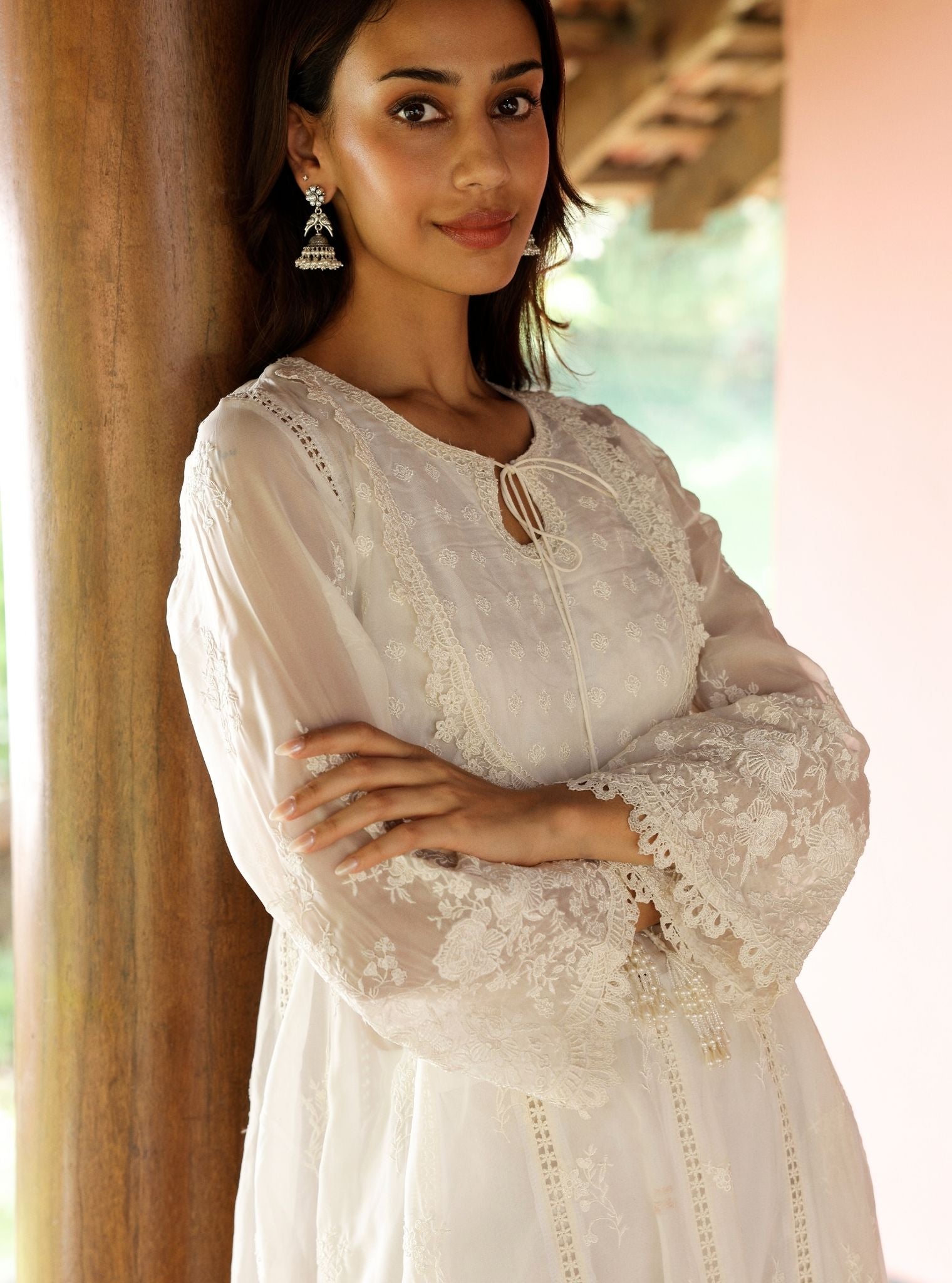 Mulmul Organza Neesa White Anarkali Kurta With Mulmul Cotton Neesa White Pant