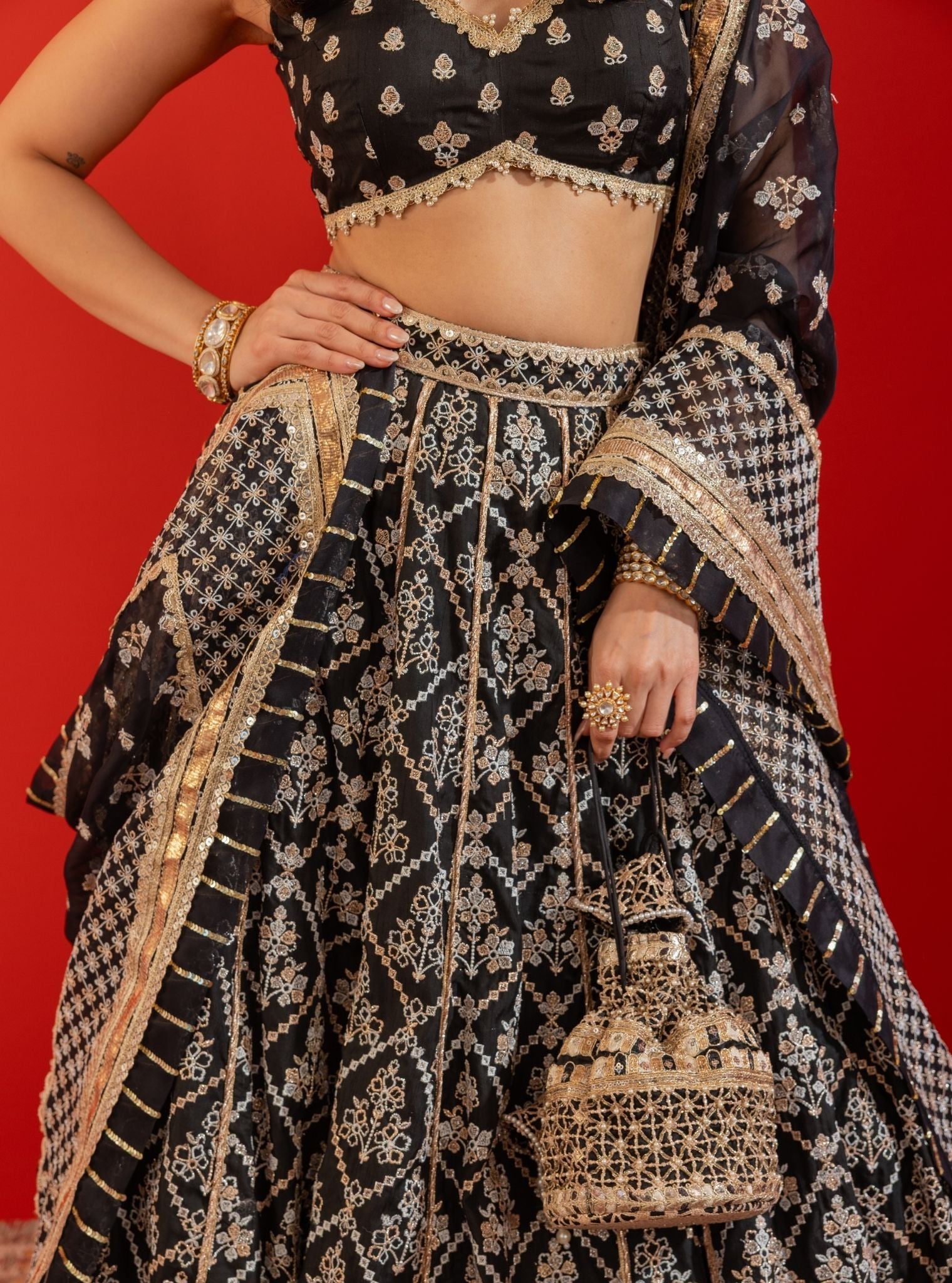 Mulmul Bemberg Silk Anton Black Lehenga