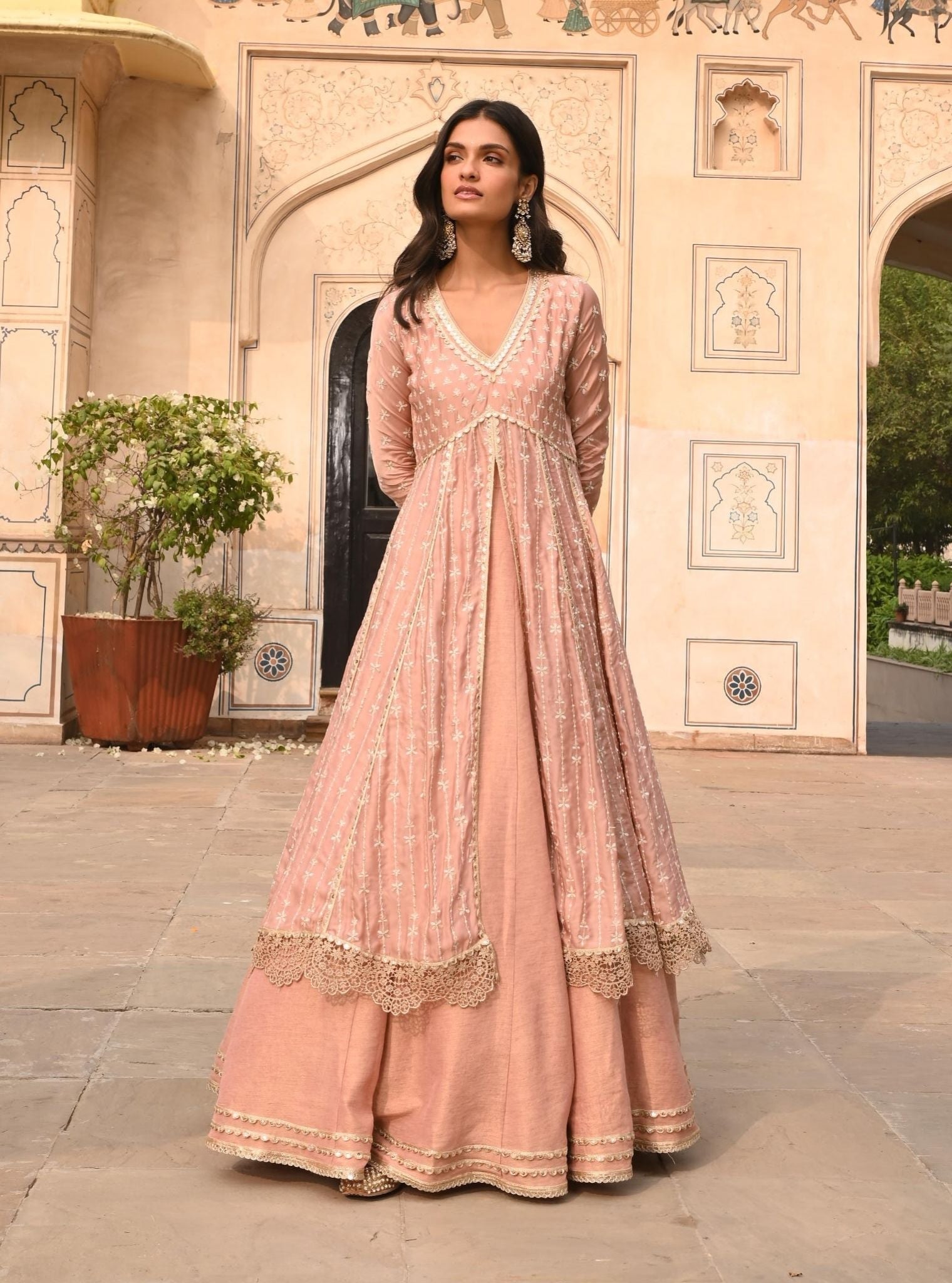 Mulmul Organza Satin Jhoom Light Pink Anarkali Kurta with Mulmul Luxe Tissue Satin Jhoom Light Pink Lehenga