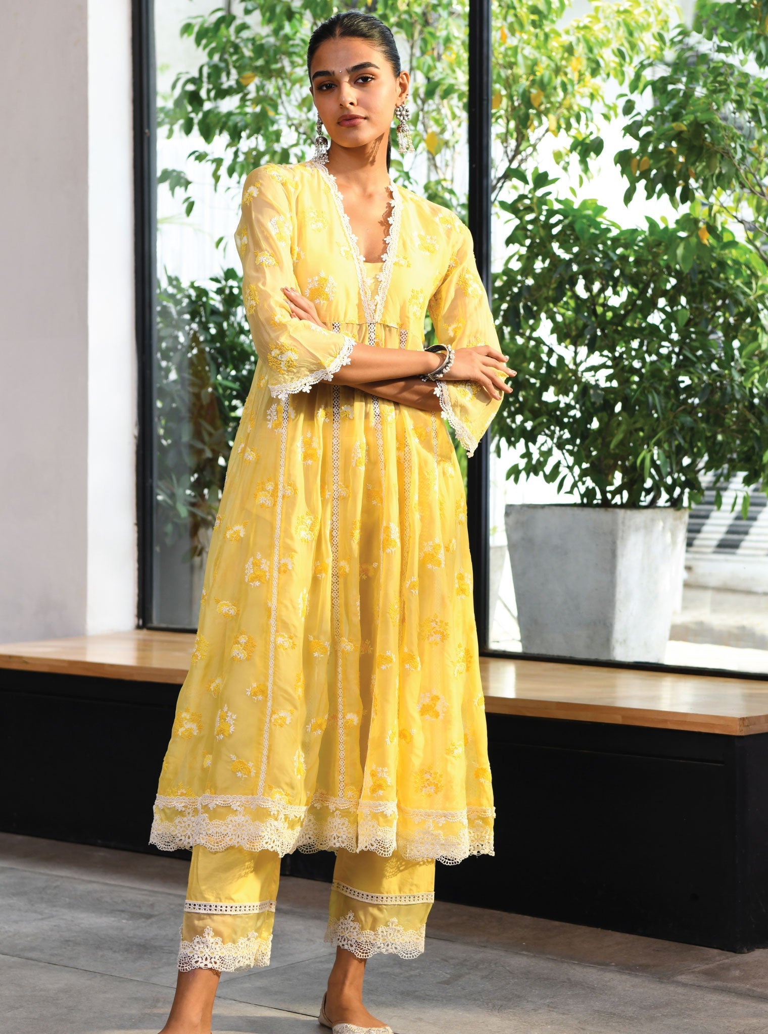 Mulmul Organza Stirling Yellow Anarkali Kurta With Cotton Stirling Yellow Pant