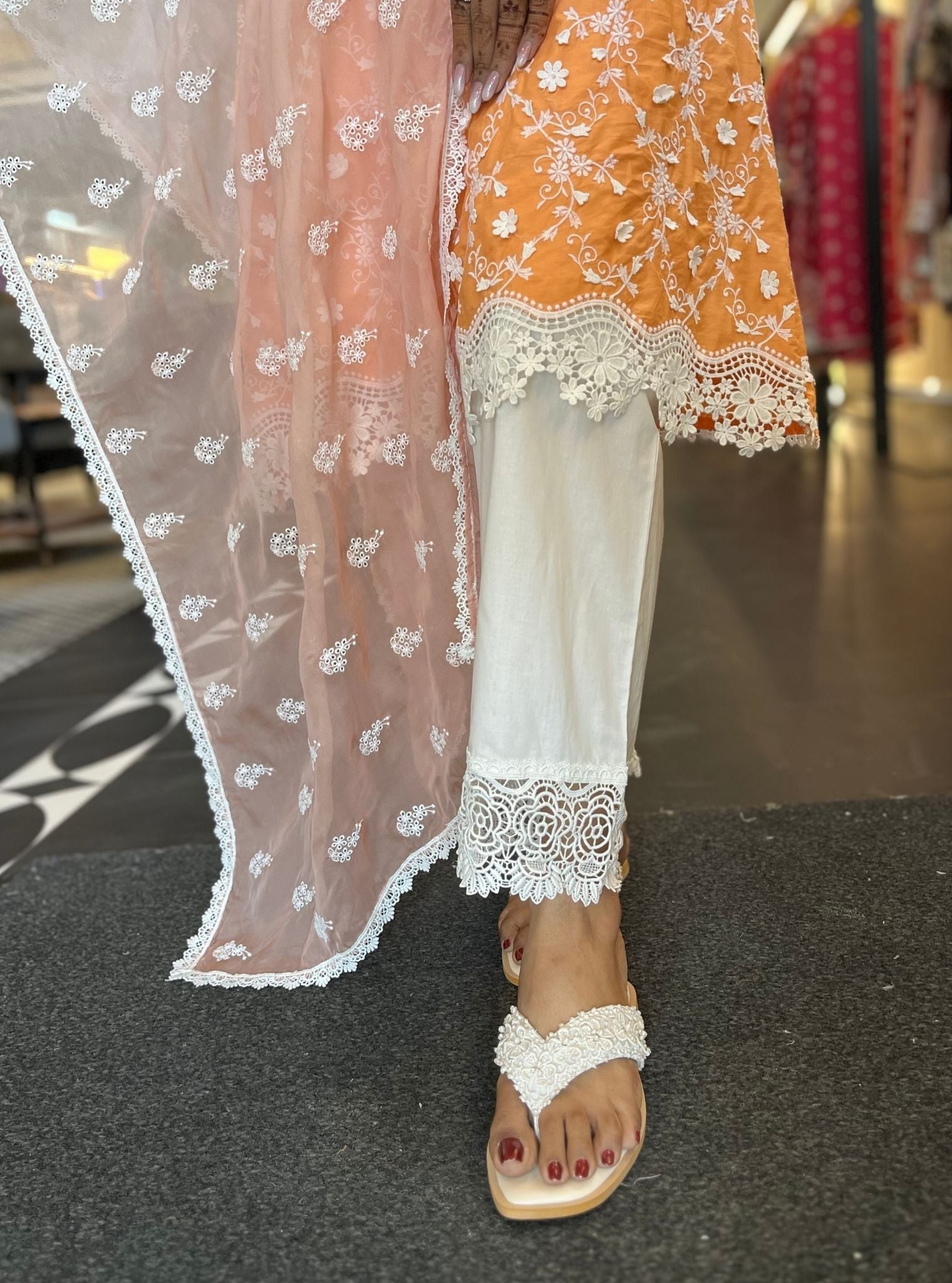 Mulmul Cotton BayBreeze Orange Kurta With Mulmul Cotton Floral Lace White Pant