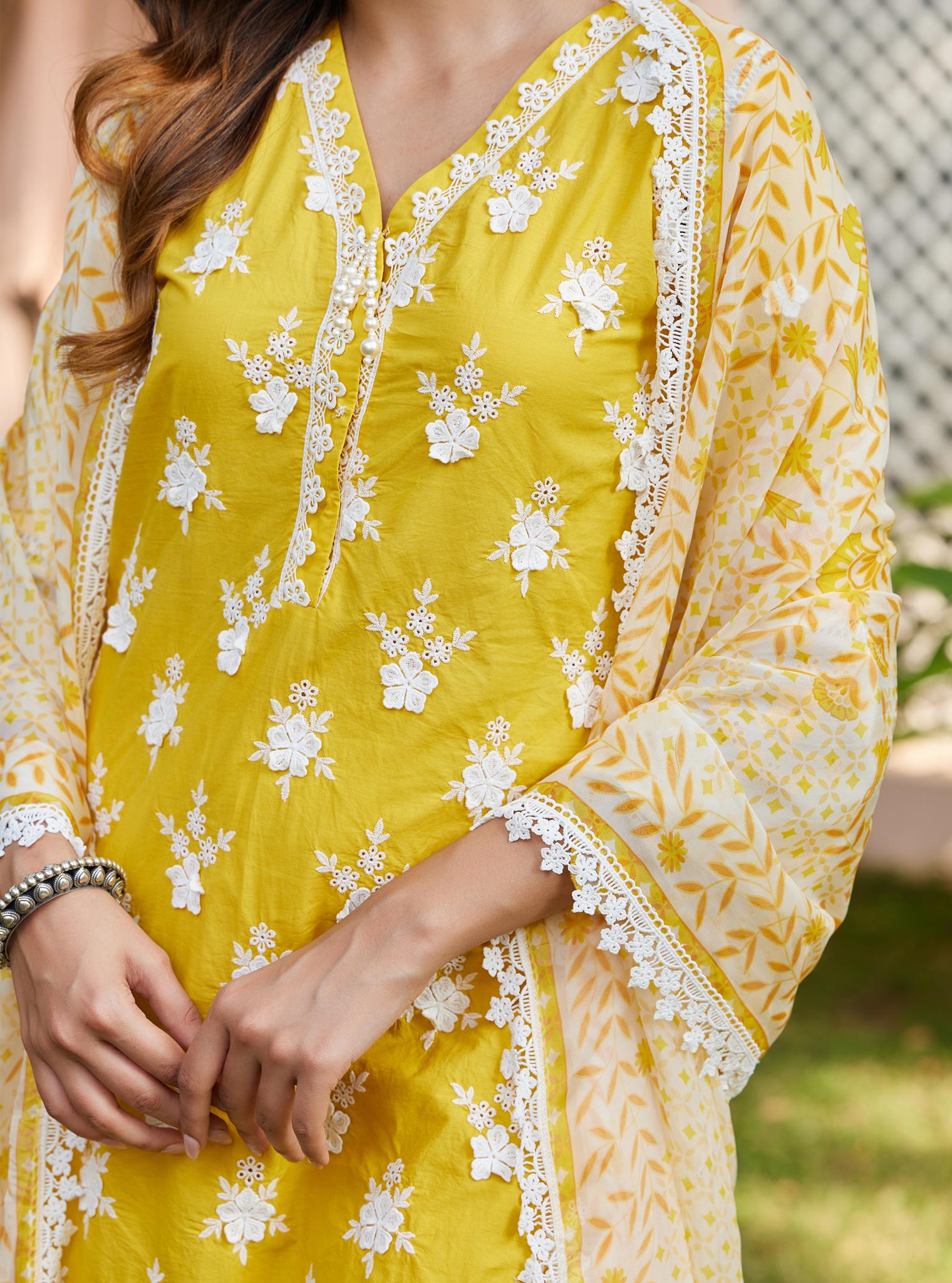 Mulmul Cotton Reeva Yellow Kurta with Mulmul Cotton Reeva Yellow Pant