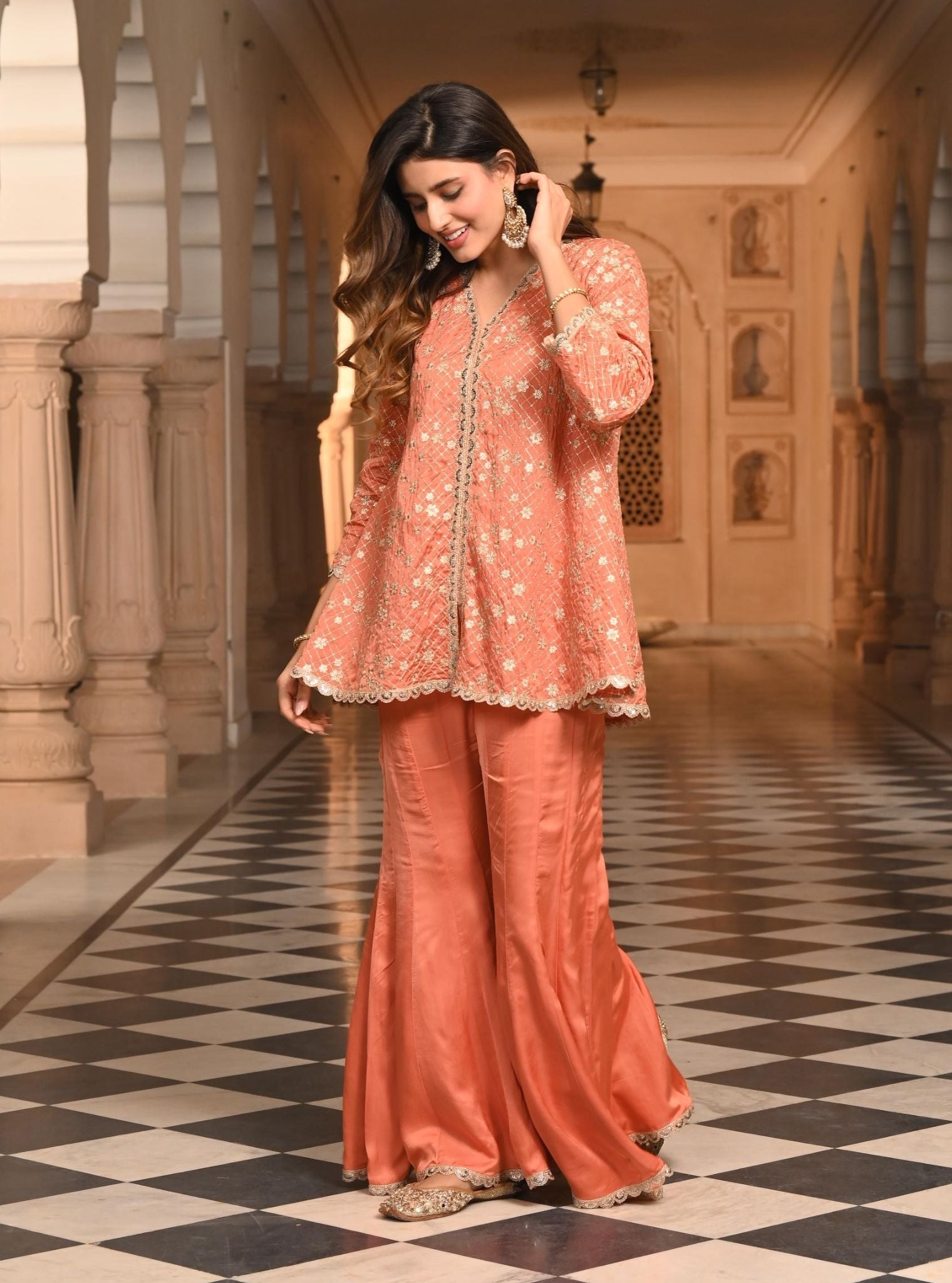 Mulmul Organza Satin Afreen Burnt Orange Top with Mulmul Modal Satin Afreen Burnt Orange Sharara