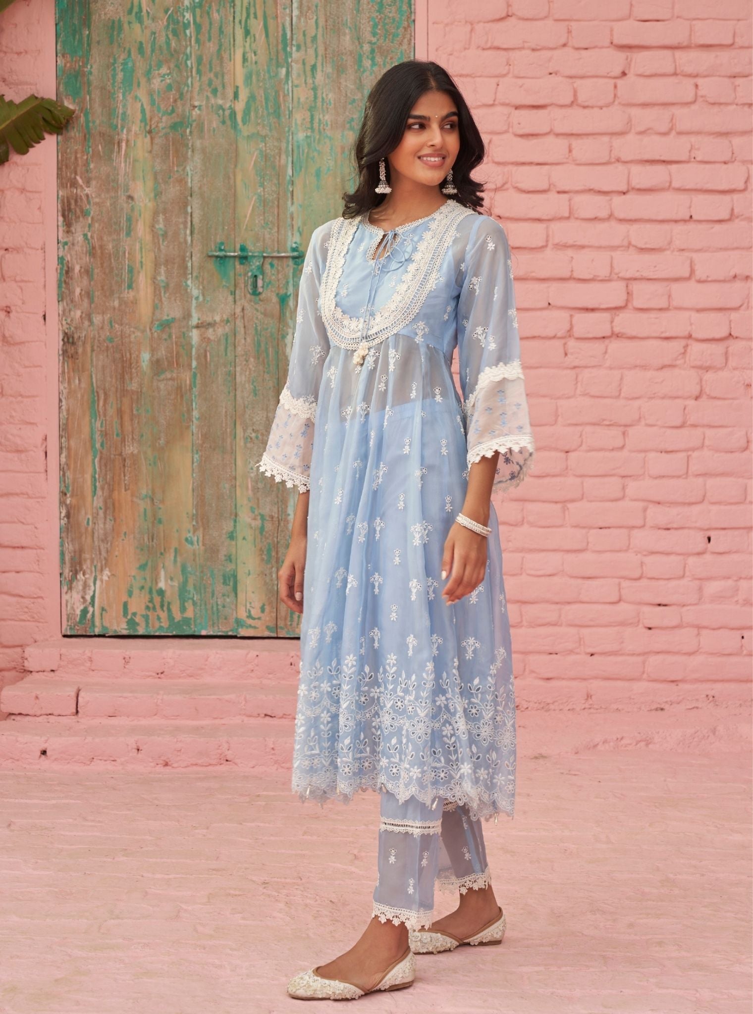 Mulmul Organza Sybil Blue Anarkali Kurta With Mulmul Cotton Sybil Blue Pant