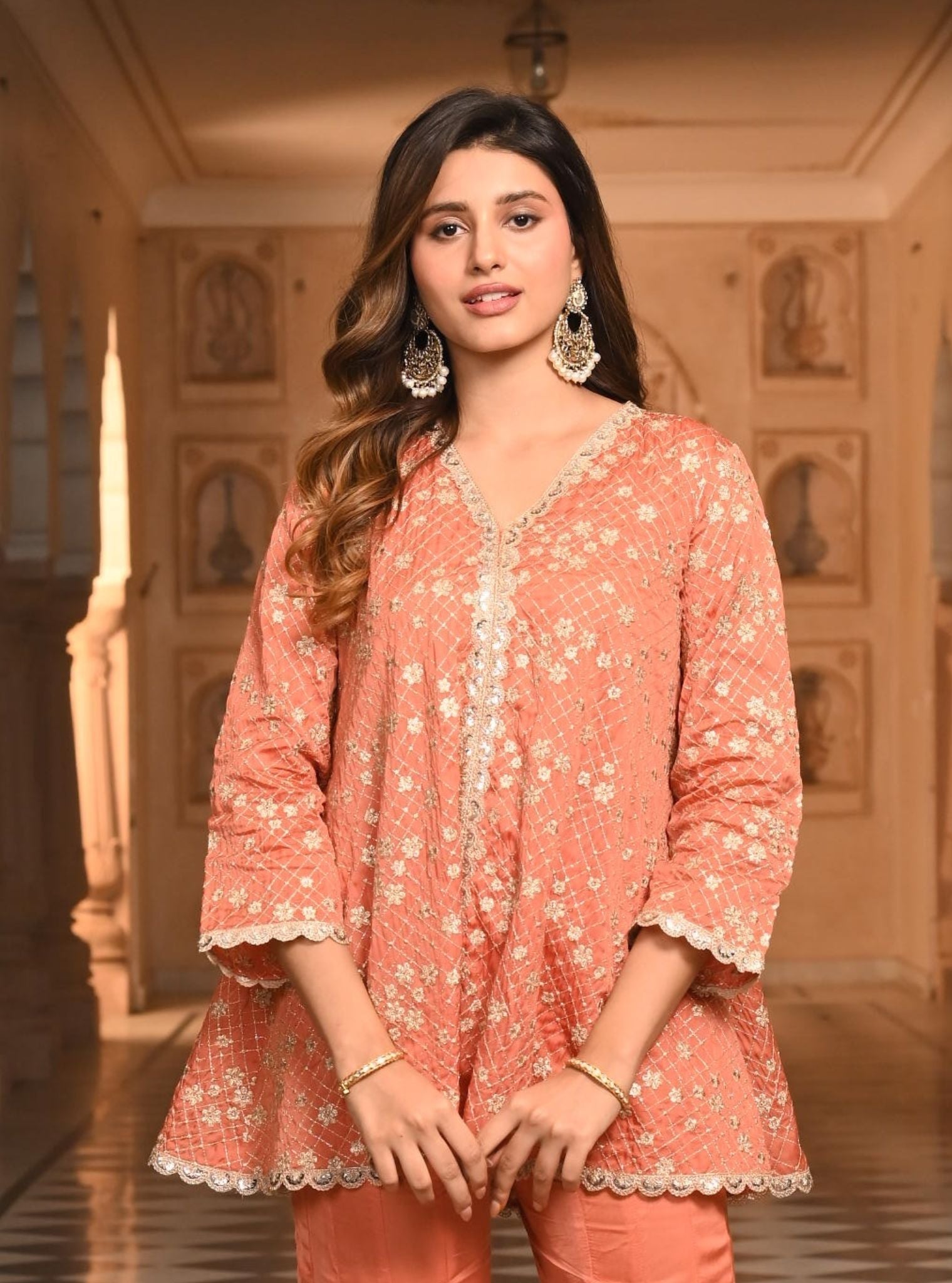 Mulmul Organza Satin Afreen Burnt Orange Top with Mulmul Modal Satin Afreen Burnt Orange Sharara