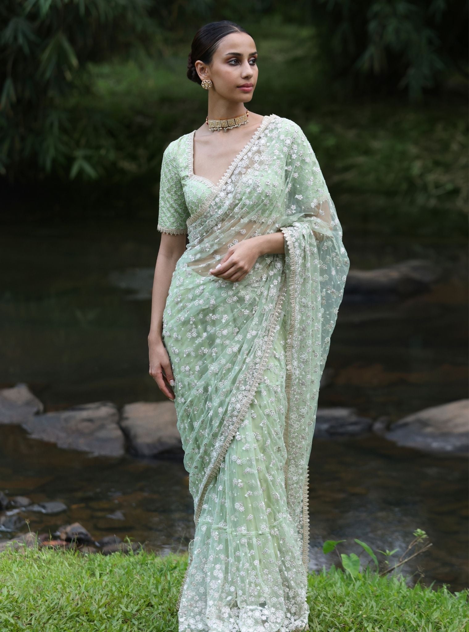 Mulmul Net Kala Green Saree