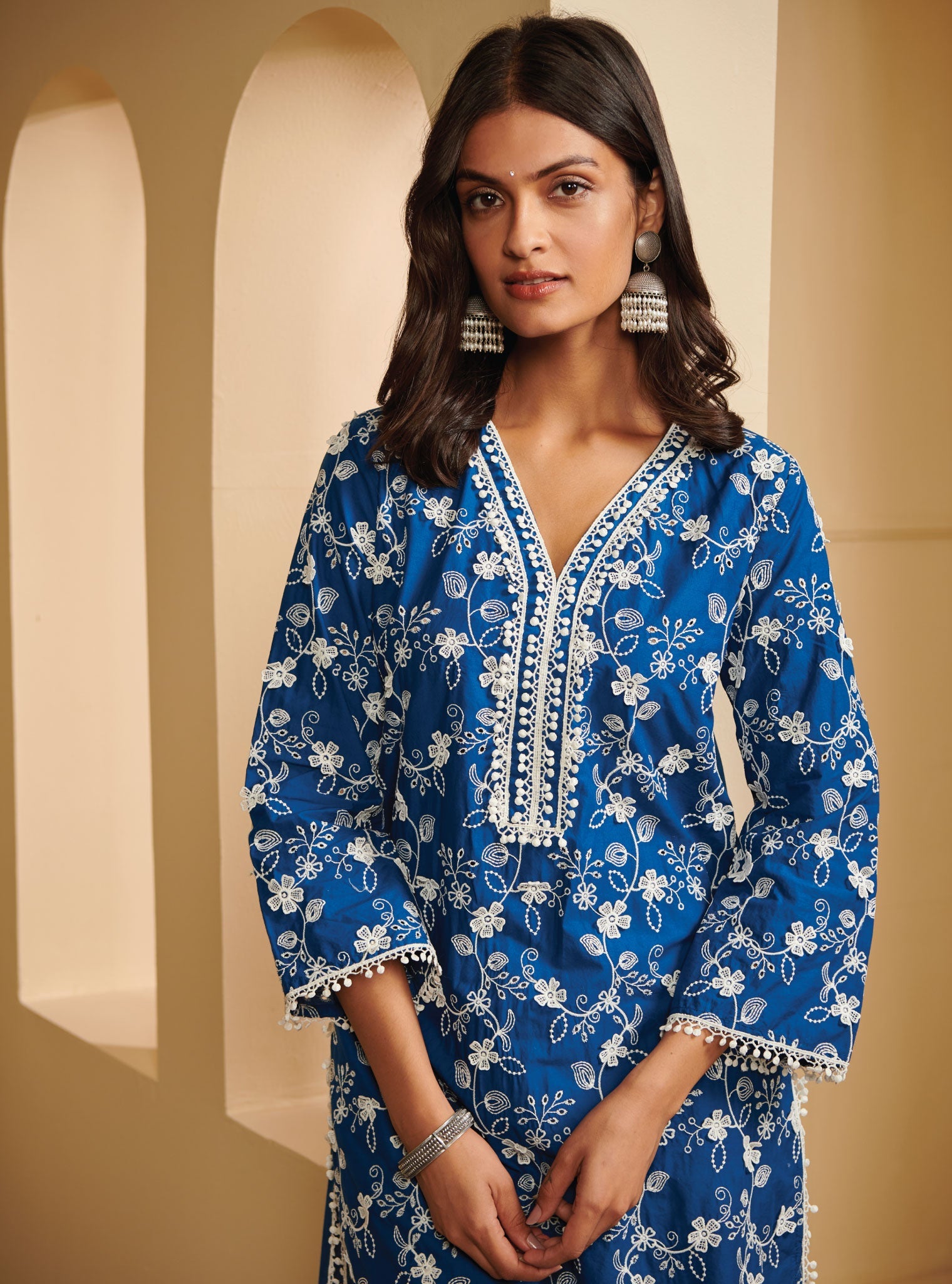 Mulmul Cotton Tahira Navy Kurta With Mulmul Cotton Rylee White Palazzo