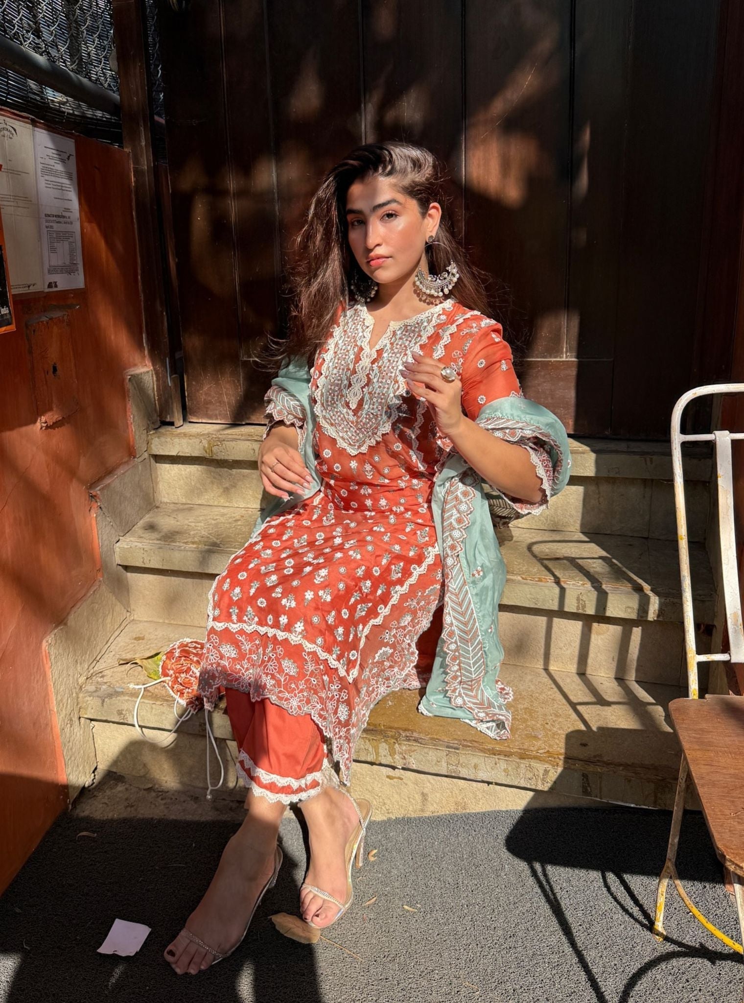 Mulmul Organza Kovalam Terracotta Kurta With Mulmul Cotton Kovalam Terracotta Pant