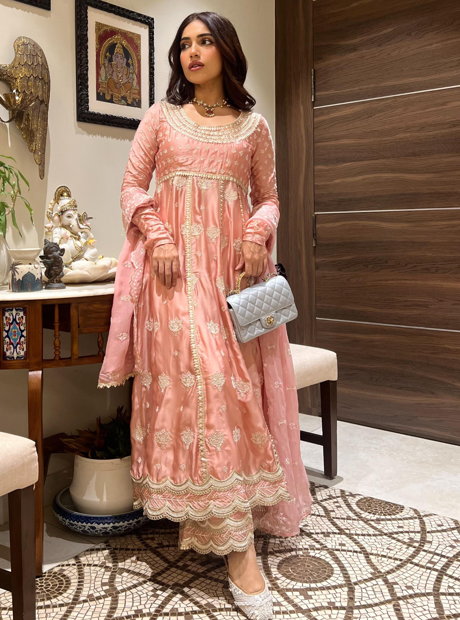 Mulmul Organza Satin Palki Pink Kurta With Mulmul Organza Satin Palki Pink Pant